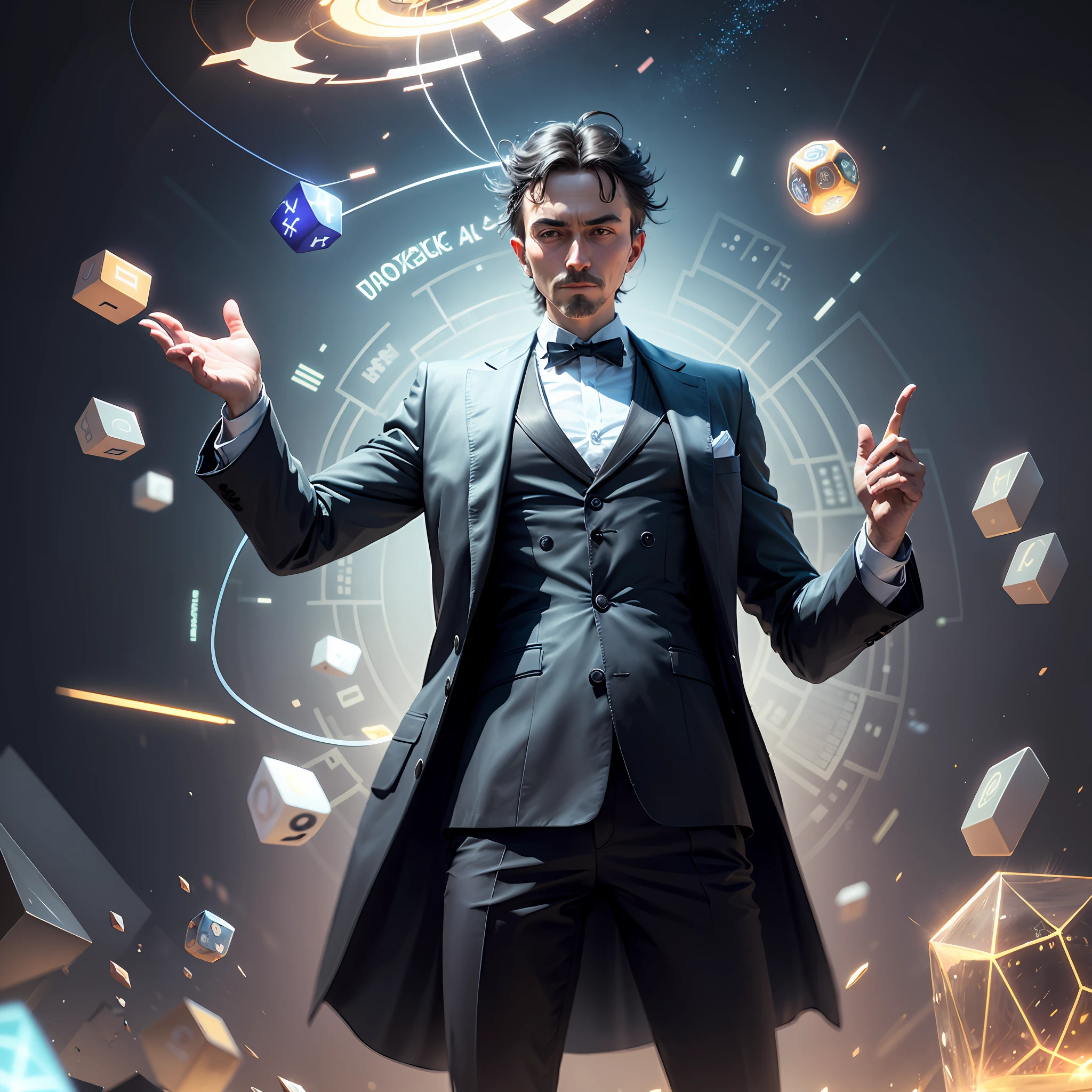 Imagine "nikola tesla" floating in the air in an upright and stable pose. His figure is surrounded by mathematical symbols, such as Numbers, operations and geometric formulas. These symbols float around him in the form of spheres and cubes, representing the complexity of his discoveries and theories. In turn, there are also chemical symbols floating in the air, representing his interest in the science of chemistry. These symbols are represented by letters and Numbers that represent elements and chemical compounds.
Both mathematical and chemical symbols have a metallic, celestial appearance, which gives them a characteristic brilliance and radiance. The light blue metallic color brings a touch of mystery and wonder to the environment, emphasizing the genius and innovation associated with nikola tesla. --auto