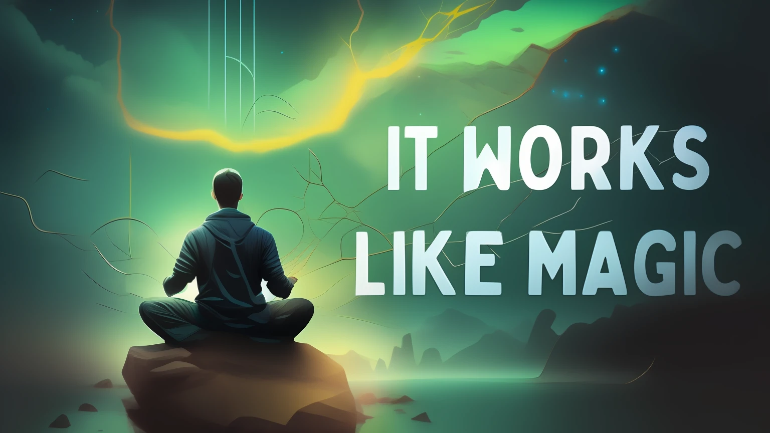 I want without the text in the image a man sitting on a rock with the words that works like magic, como matriz, glory be to the magic within, simplesmente alucinante, enlightenment tripping on dmt, magic world, cant believe it is real, Reino DMT, like magic the gathering, 🚀🚀🚀, Mais fundo no metaverso vamos, emanando magia dimensional, feito com photoshop quero sem o texto na imagem