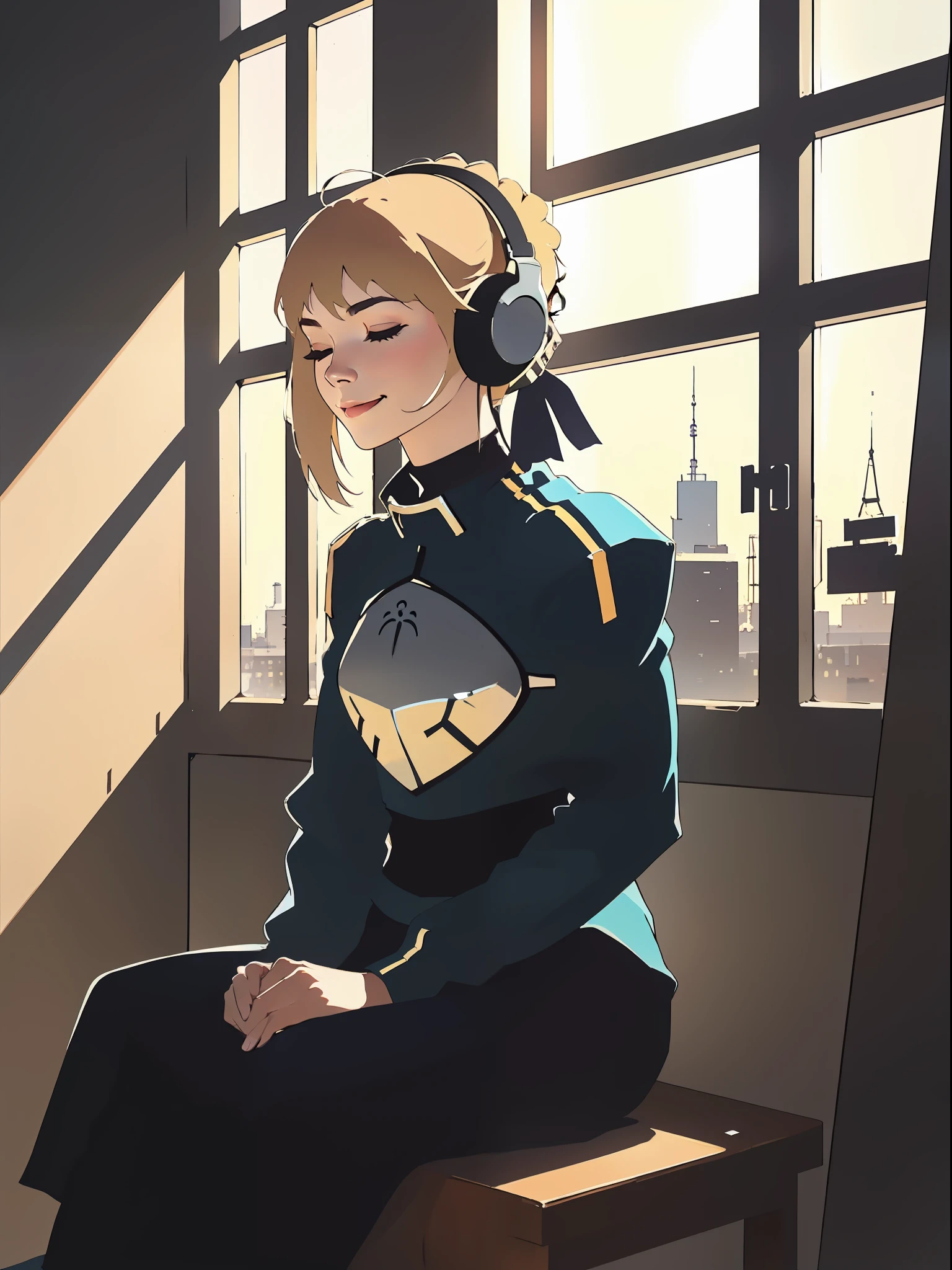 Artoria pendragon, sitting, wearing headphones, eyes closed, immersing in the music, smile,Masterpiece,best quality ,hd 8k, Sitting by the window, city background in the window, Listen to music from a smartphone