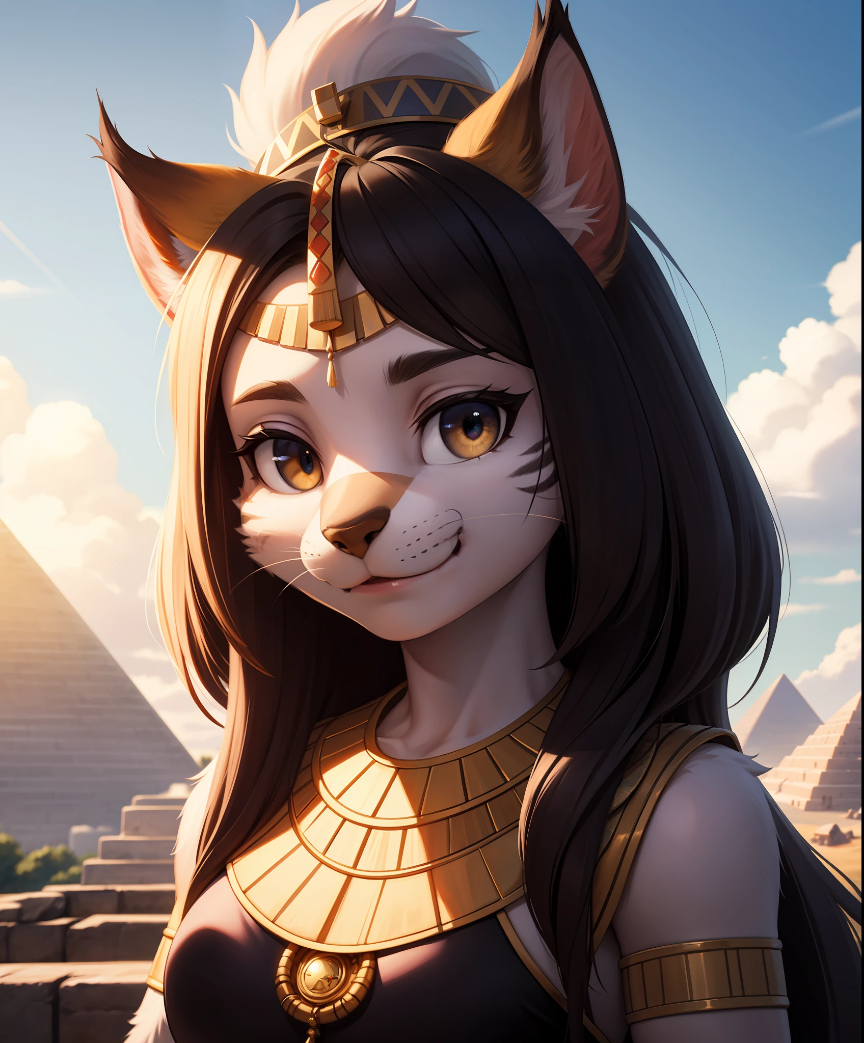 masterpiece, best quality,furry girl,outdoor,hdr,blue sky,sunlight, pyramind perfect light,animal nose,solo,detail fur,epic movie concept adorable,egyptian clothes, looking at viewer,sheli,lynx