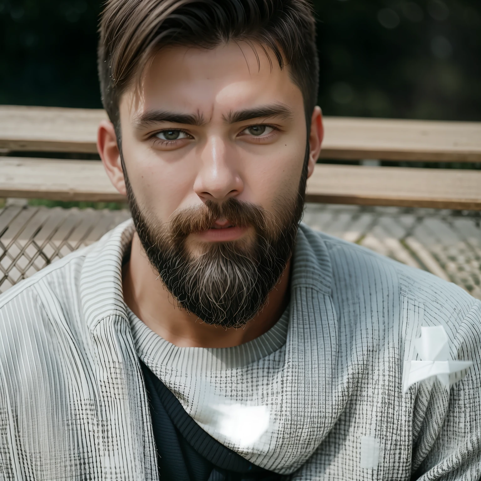 RAW photo, absurdres, high quality, photorealistic,
a close up portrait of a man, beard, kimono, detailed_skin, sitting,
bench, outdoors, park, sunlight, photo background,
photo realism, ultra-detailed, 50mm, f1. 4, 8k uhd, film grain