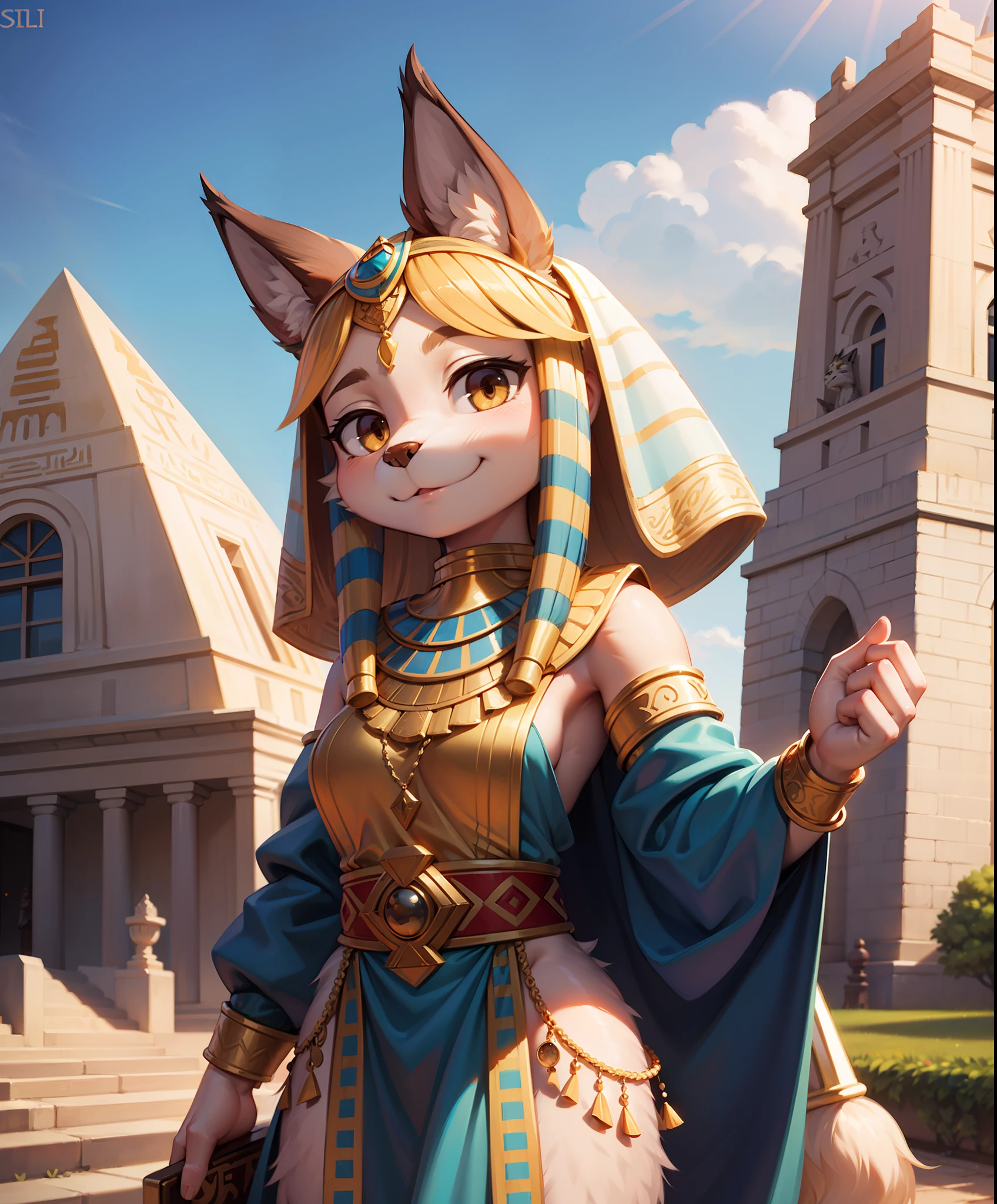 masterpiece, best quality,furry girl,outdoor,hdr,blue sky,sunlight, pyramind perfect light,animal nose,solo,detail fur,epic movie concept adorable,egyptian clothes, looking at viewer,sheli,lynx