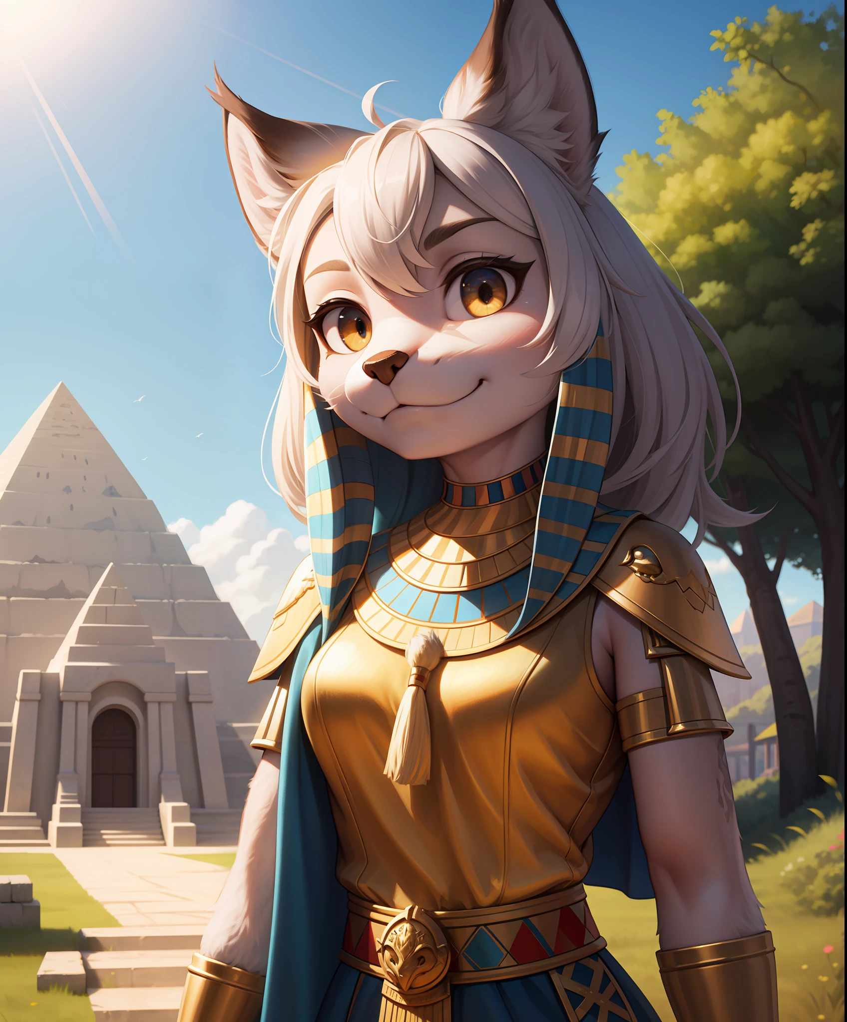 masterpiece, best quality,furry girl,outdoor,hdr,blue sky,sunlight, pyramind perfect light,animal nose,solo,detail fur,epic movie concept adorable,egyptian clothes, looking at viewer,sheli,lynx