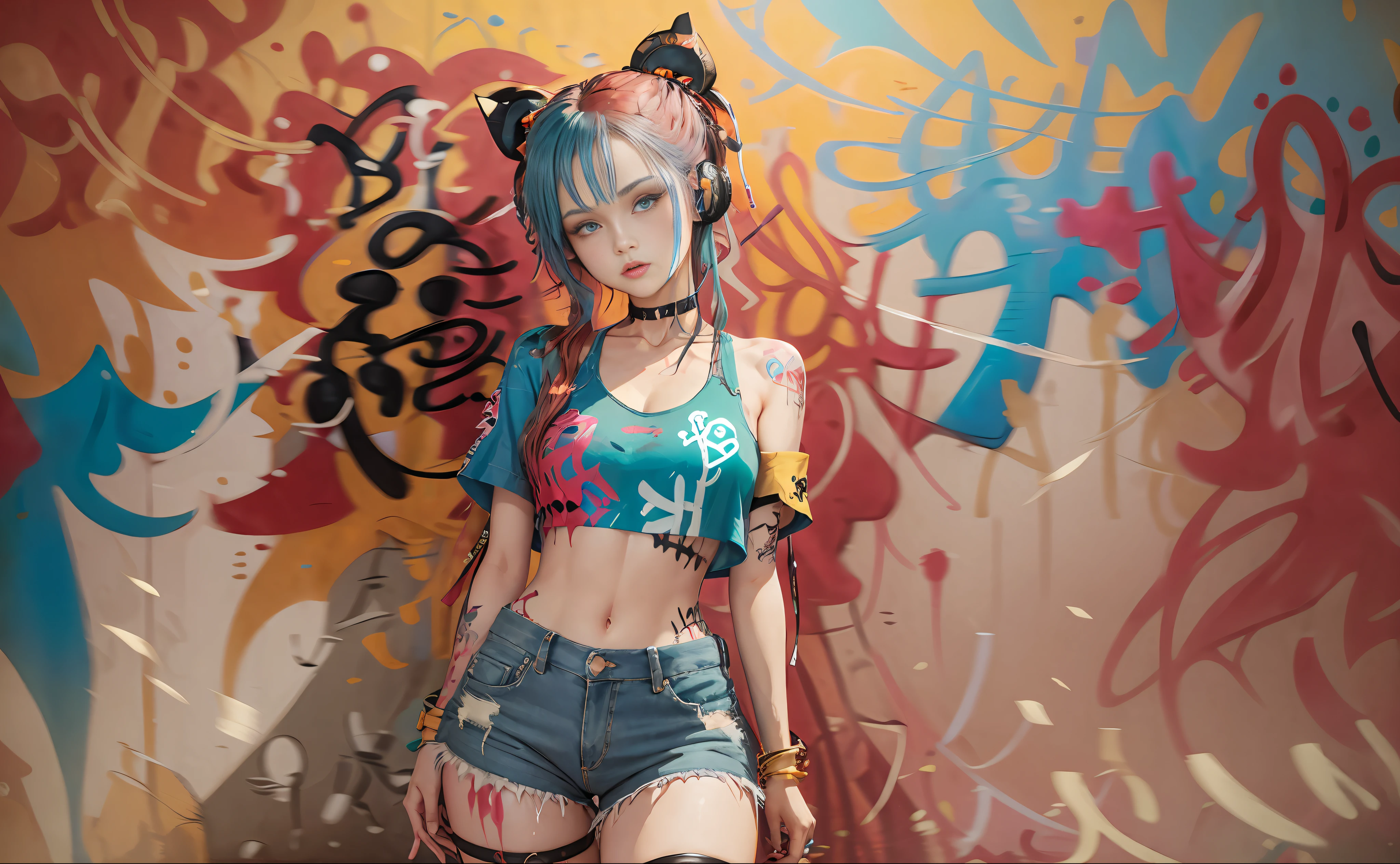 masterpiece, best quality, 1girl, solo, crop top, denim shorts, choker, (graffiti:1.5), paint splatter, arms behind back, against wall, looking at viewer, armband, thigh strap, paint on body, head tilt, bored, multicolored hair, aqua eyes, headset,