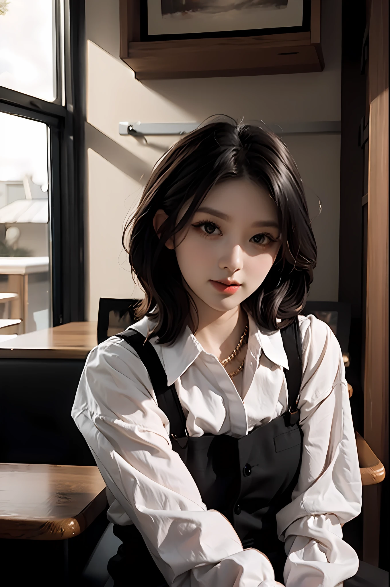 feminine mid shot,
Cute girl, Black hair,Sitting,
inside cafe drinking coffee with background ,
(rim light:1.0) ,(Soft light:1.0)
Masterpiece, Best quality, hyper detailed, 8K, Intricate details,god light,(bloom light:1.2),(Clarity:-1.7),