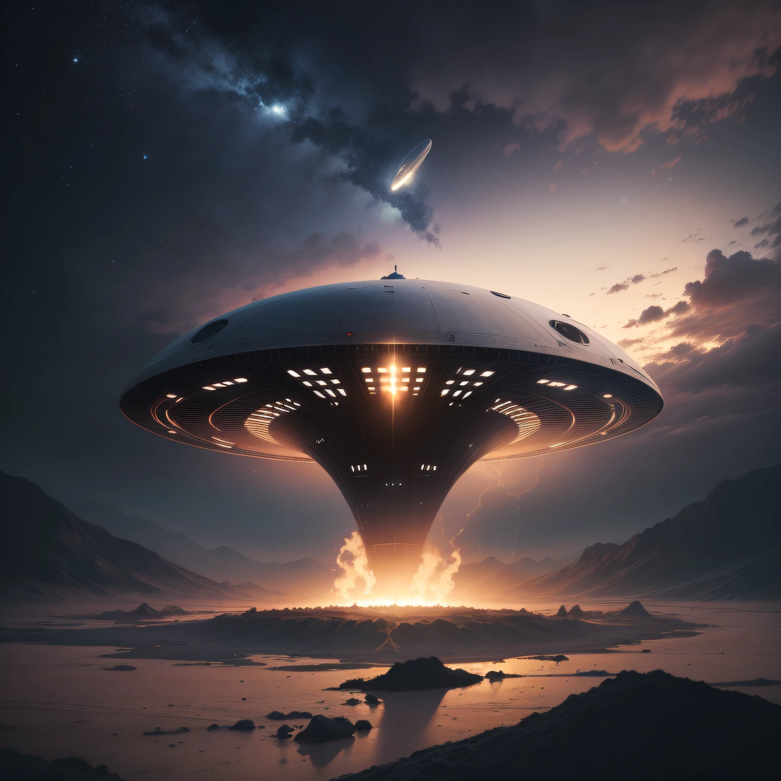 um ufo em formato de prato aterrissado dentro de uma cratera