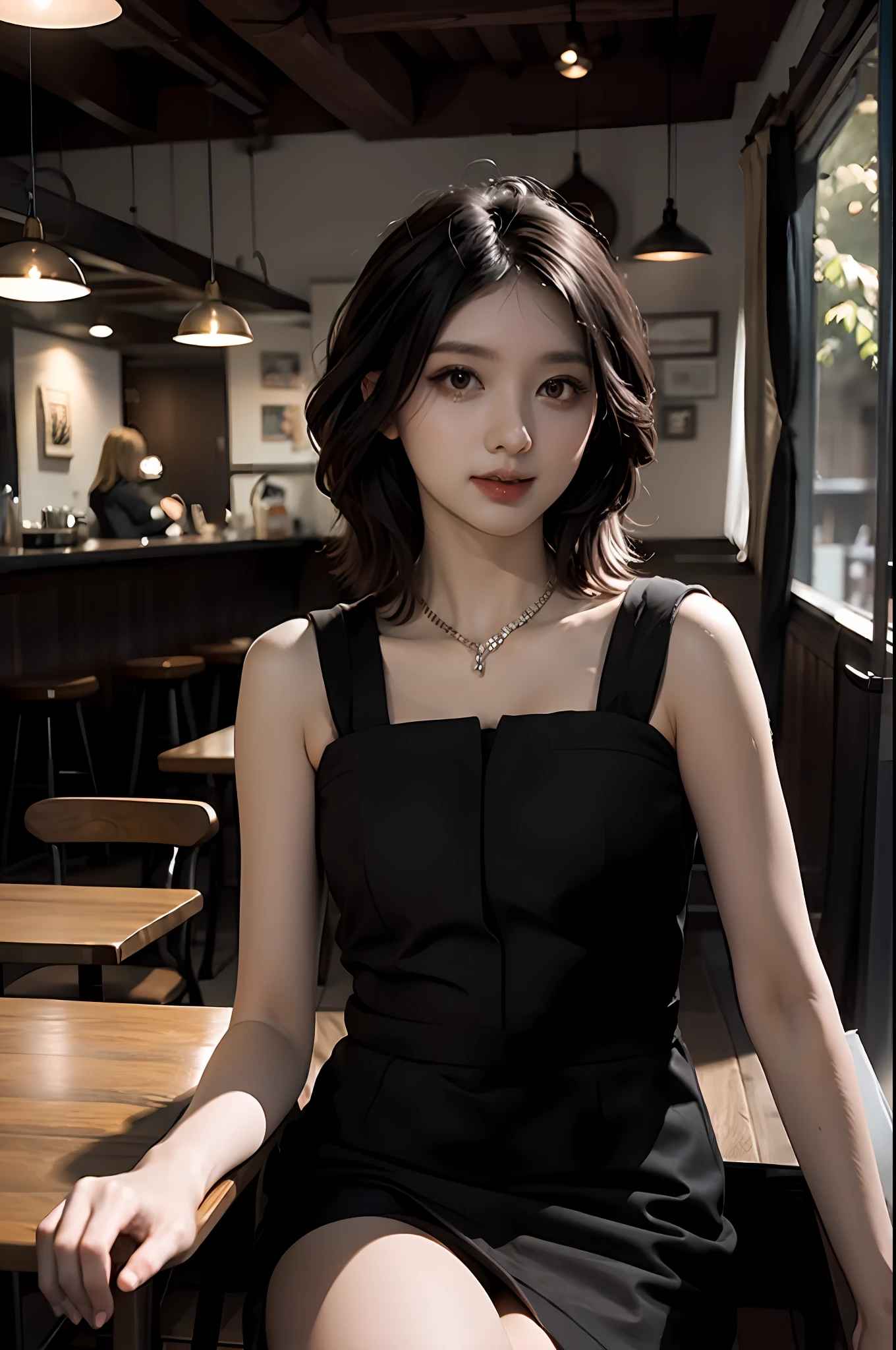 feminine mid shot,
Cute girl, Black hair,Sitting,
inside cafe drinking coffee with background ,
(rim light:1.0) ,(Soft light:1.0)
Masterpiece, Best quality, hyper detailed, 8K, Intricate details,god light,(bloom light:1.2),(Clarity:-1.7),