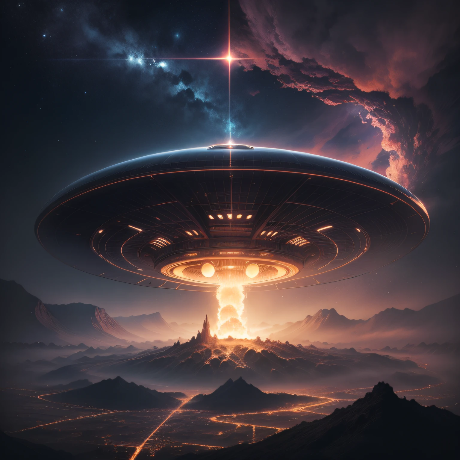 um ufo em formato de prato aterrissado dentro de uma cratera