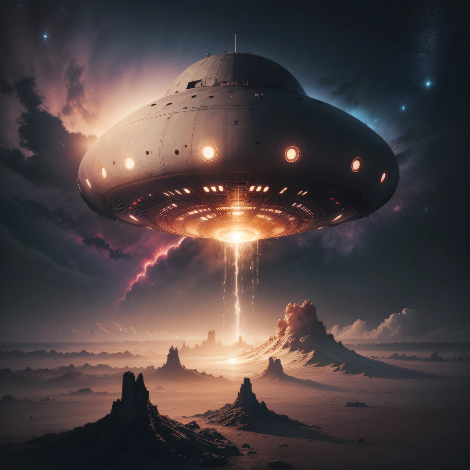 um ufo em formato de prato aterrissado dentro de uma cratera
