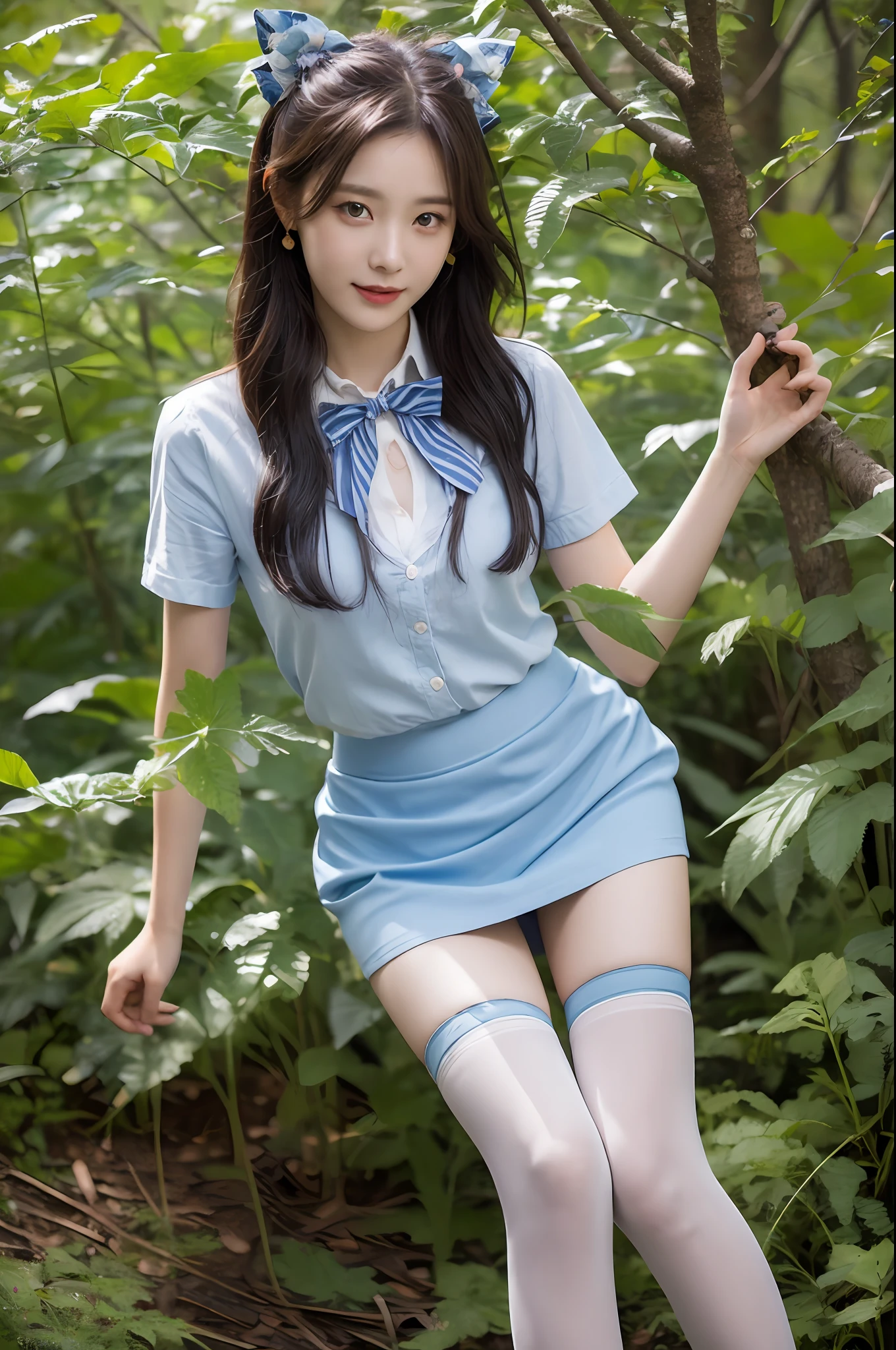 A cute girl, 20 years old, light blue eyes, black hair, long bohemian hairstyle, wearing (sky blue) short skirt skirt skirt and shirt, in a dark, mysterious forest, twisted branches and creeping vines, front picture, earrings, bow tie, noon, cinematic lighting, ((masterpiece)), (best quality), (high resolution), original, extremely detailed 8K, (realism: 1.4), flawless face, perfect eyes, symmetrica body type, (full body), smile, White stockings