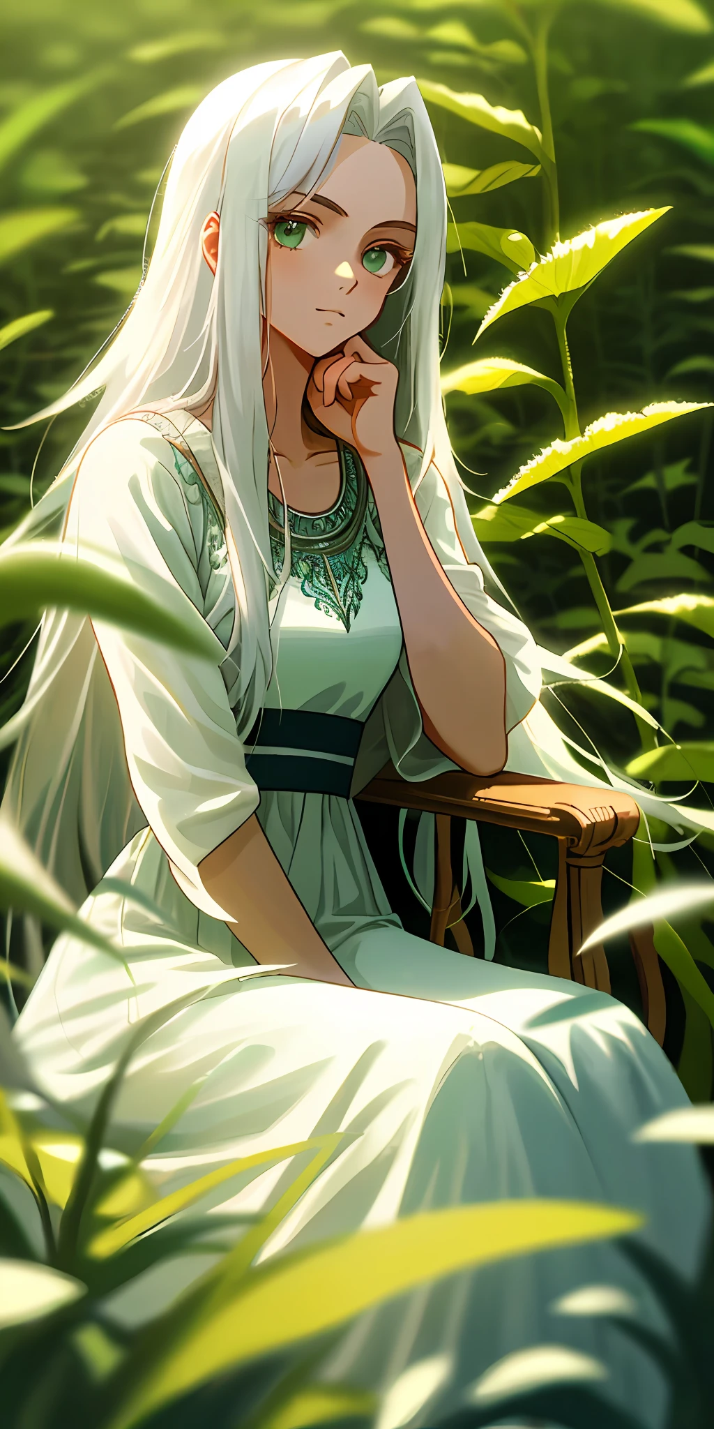 (masterpiece, best quality),1girl with long white hair sitting in a field of green plants and flowers, her hand under her chin, warm lighting, white dress, blurry foreground