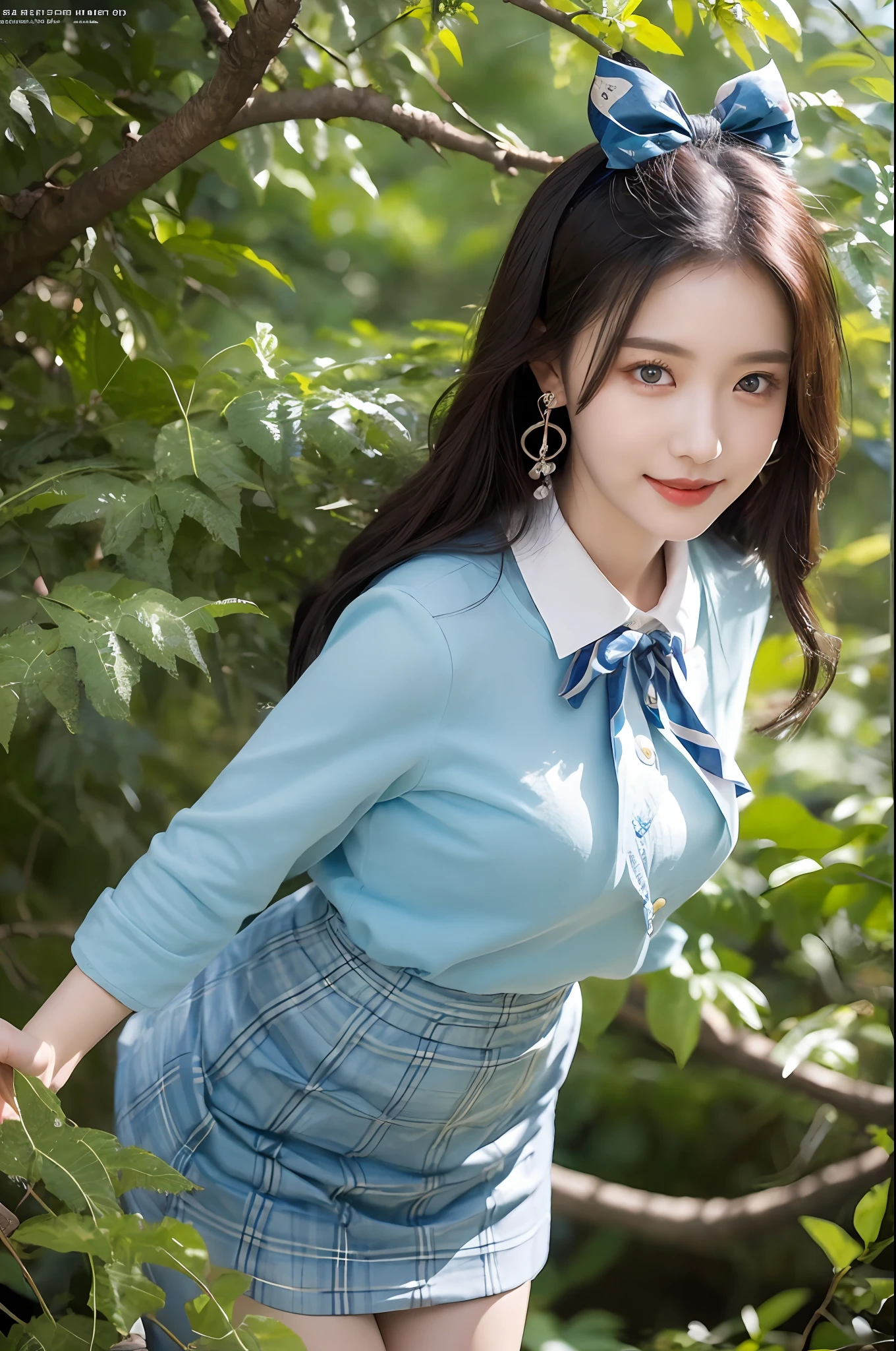 A cute girl, 20 years old, light blue eyes, black hair, long bohemian hairstyle, wearing (sky blue) short skirt skirt skirt and shirt, in a dark, mysterious forest, twisted branches and creeping vines, front picture, earrings, bow tie, noon, cinematic lighting, ((masterpiece)), (best quality), (high resolution), original, extremely detailed 8K, (realism: 1.4), flawless face, perfect eyes, symmetrica body type, (full body), smile, White stockings