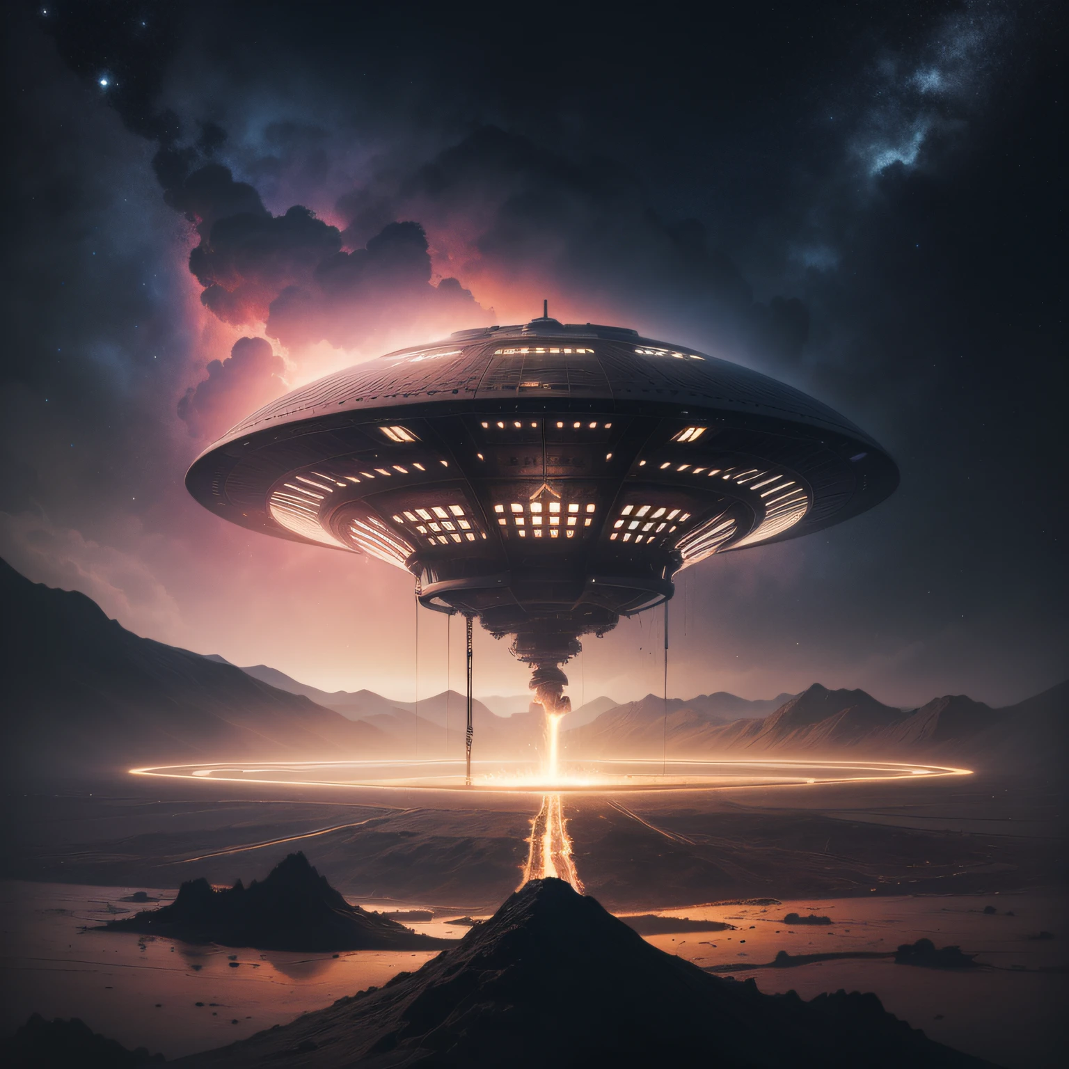 um ufo em formato de prato aterrissado dentro de uma cratera