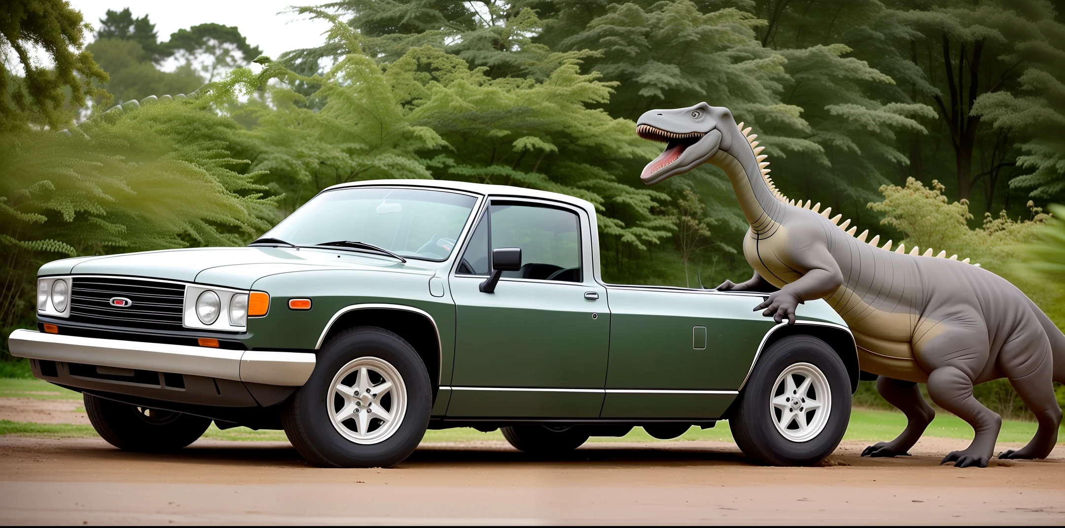 Create an image of a dinosaur fighting dragon biting a car from Jurassic park