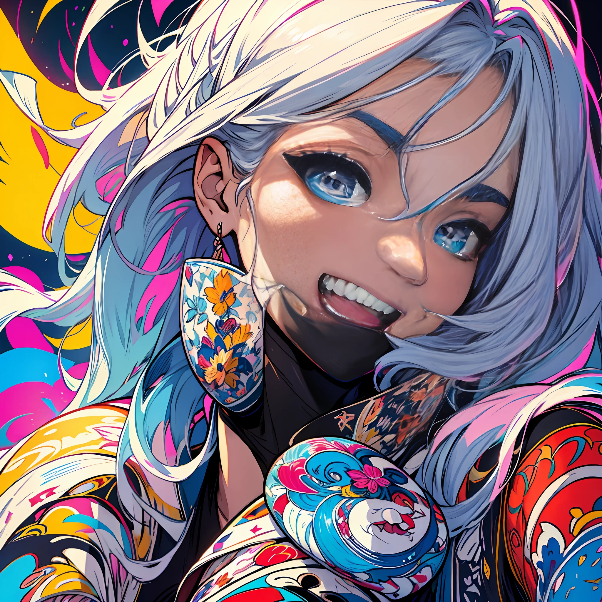 Mulher com cabelo azul e penas coloridas, Arte de fantasia digital colorida, arte digital colorida, estilo de arte de fantasia, bela arte digital, Arte digital 4K muito detalhada, seios grandes mostrando um pouco, olhos grandes, Sorriso leve, 8k, cara muito fina, delicate lips, Olhos Delicados, double eyelids
