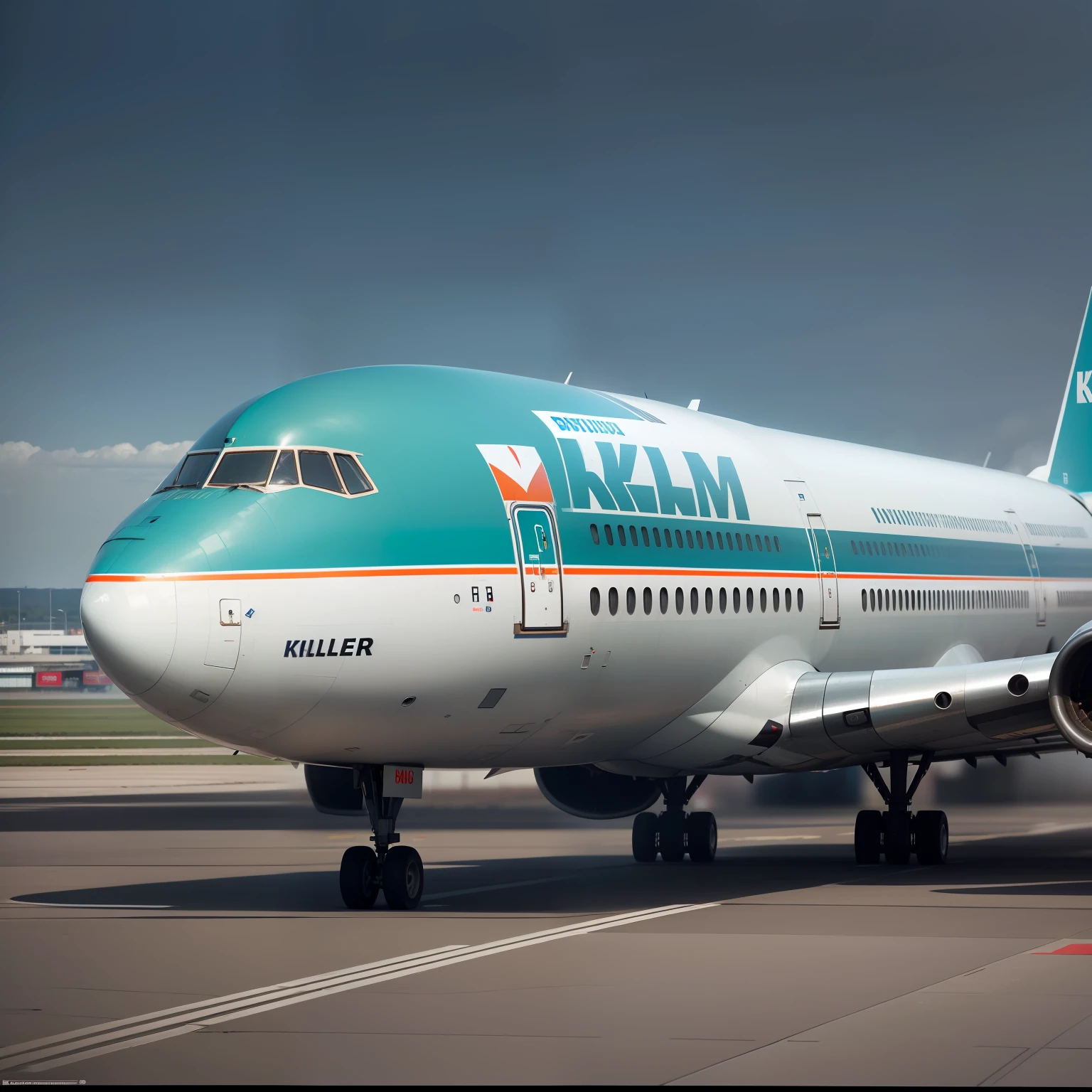 A 747 plane of the company KLM is stopped on the runway