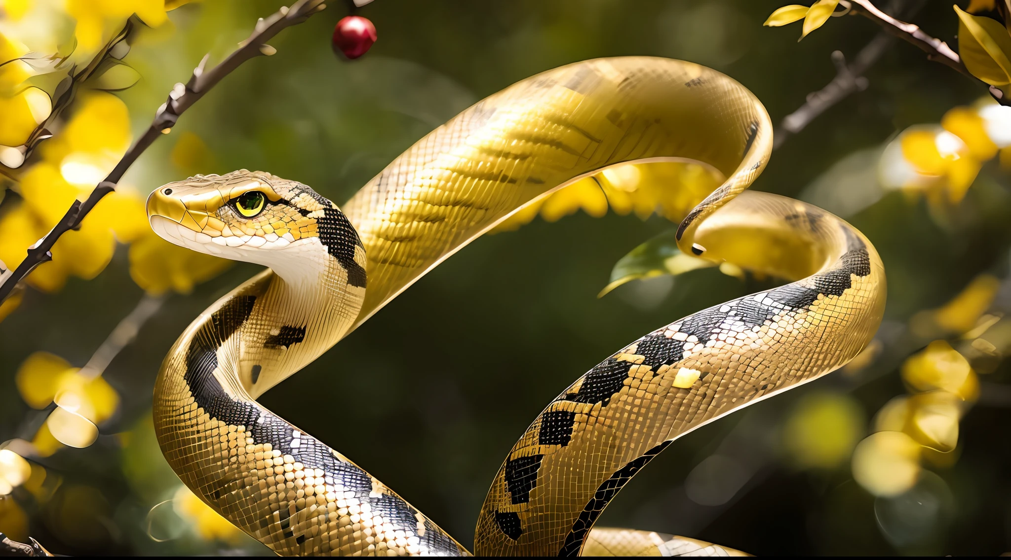 snake with dragon wings shiny like polished gold in black tree in center with red fruit, masterpiece, high quality, high quality, highly detailed CG unit 8k wallpaper, award-winning photos, bokeh, depth of field, HDR, bloom, chromatic aberration, realistic, very detailed, trend in artstation, trend in CGsociety, complex, high detail, dramatic, art in the middle of the journey,  Volumetric lighting