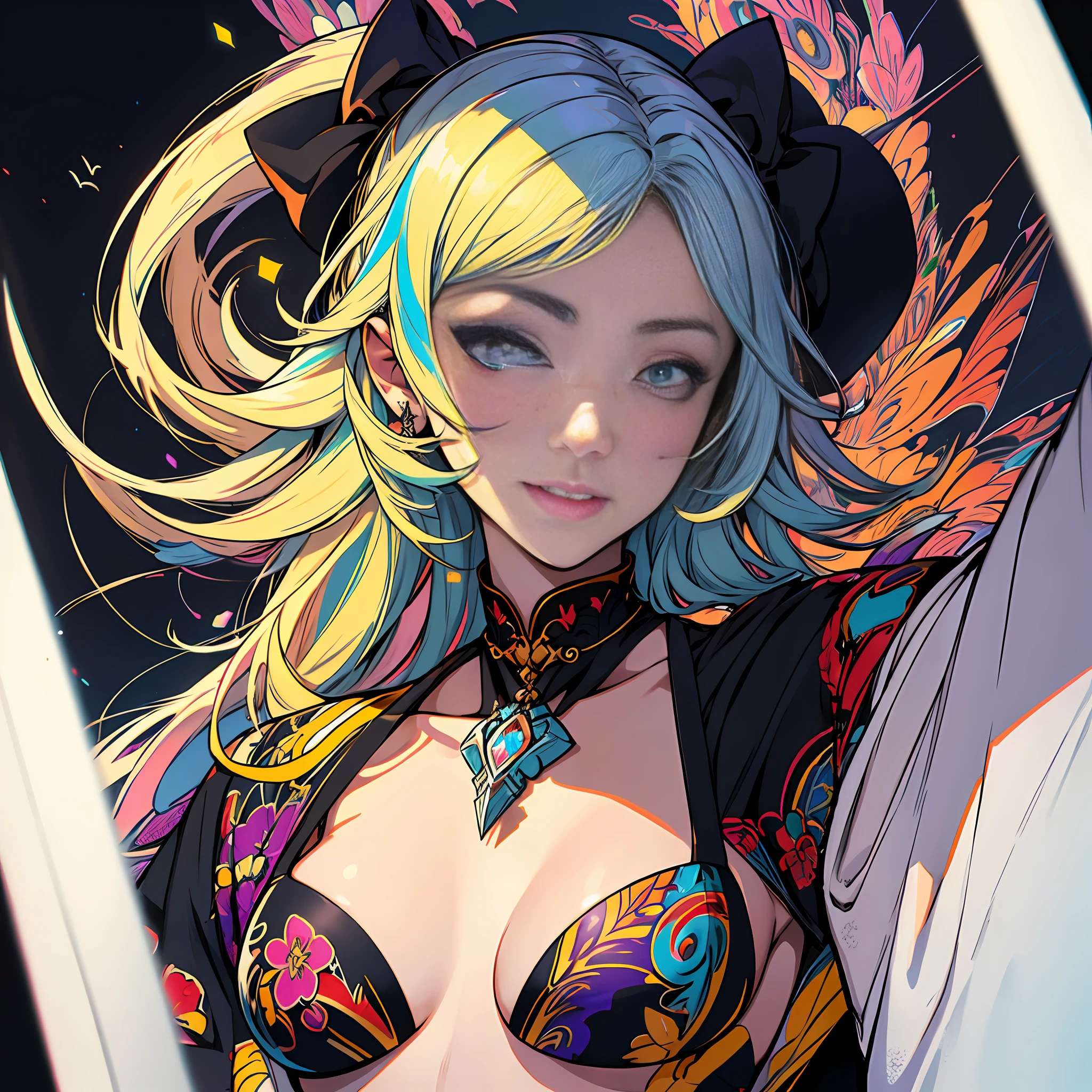 Mulher com cabelo azul e penas coloridas, Arte de fantasia digital colorida, arte digital colorida, estilo de arte de fantasia, bela arte digital, Arte digital 4K muito detalhada, seios grandes mostrando um pouco, olhos grandes, Sorriso leve, 8k, cara muito fina, delicate lips, Olhos Delicados, double eyelids