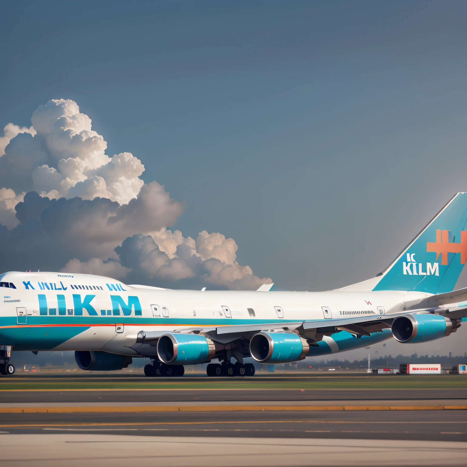 A 747 plane of the company KLM is stopped on the runway