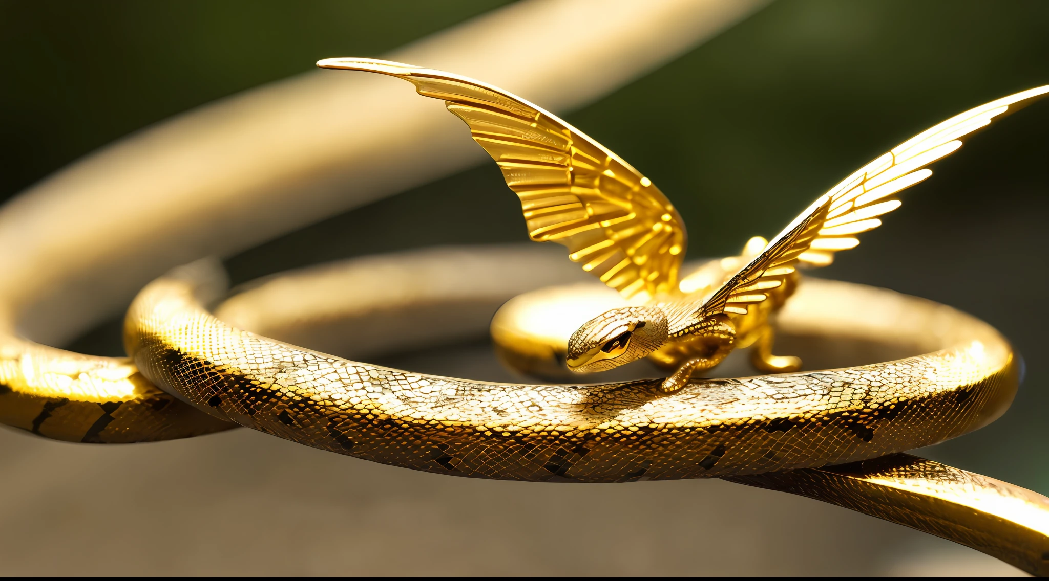 snake with dragon wings shiny like polished gold in black tree in center with red fruit, masterpiece, high quality, high quality, highly detailed CG unit 8k wallpaper, award-winning photos, bokeh, depth of field, HDR, bloom, chromatic aberration, realistic, very detailed, trend in artstation, trend in CGsociety, complex, high detail, dramatic, art in the middle of the journey,  Volumetric lighting