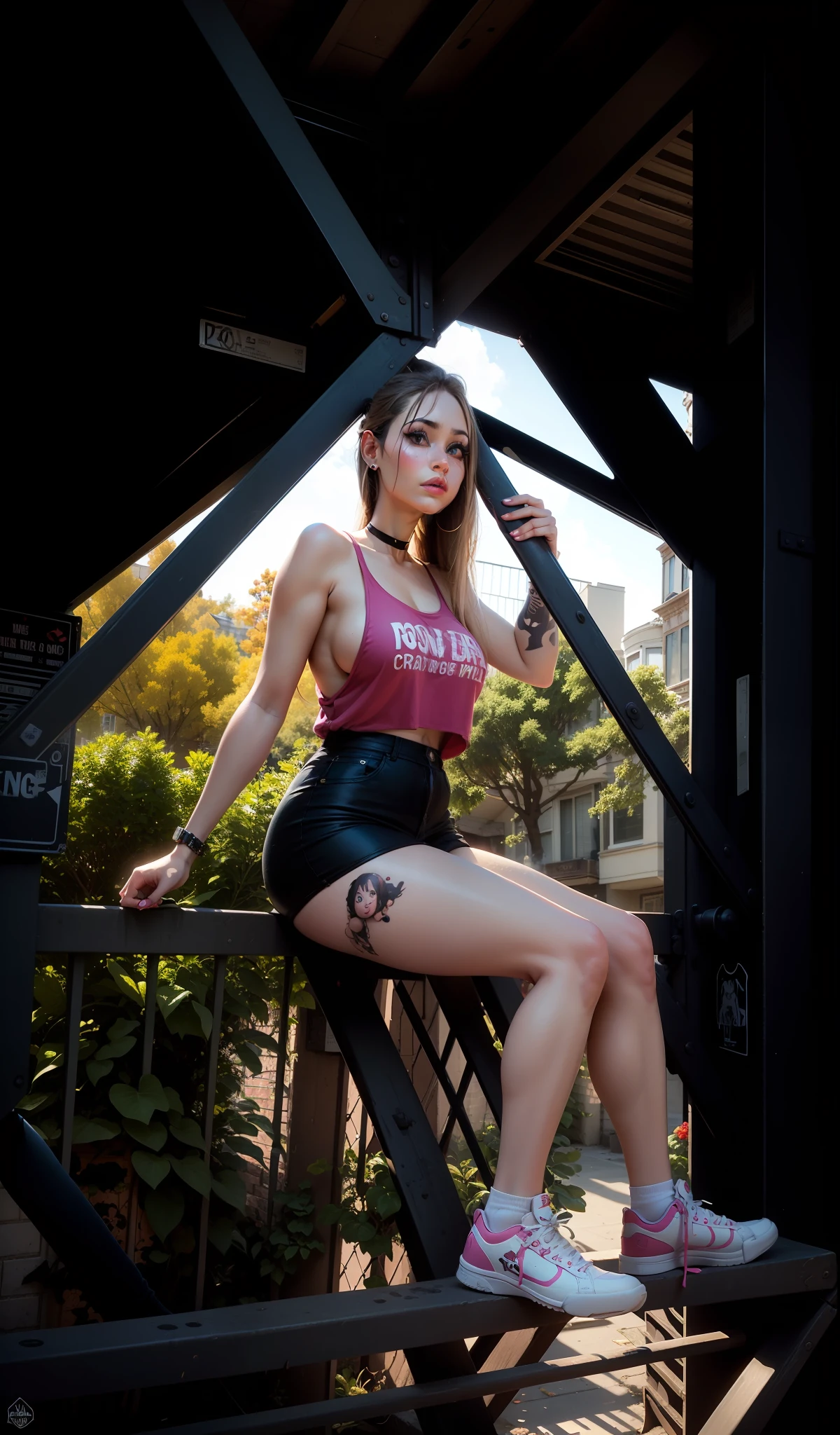 masterpiece, best qualified, 3d rending work, 3d, big eyes, cartoon face, 1girl, Alone, blush, surprised, graffiti from the wall on the street, spray can, stylized delinquent clothing, pink choker, huge breasts, sexy look, delicious wide hips, cameltoe, thick thighs, jewelry, parted lips, gothic, makeup, full body view, ((looking at the viewer)), ((dynamic pose)), fine detail,  San Francisco street, day, ArtbyNoise, ((perfect shadow)), Best shade, best lighting,