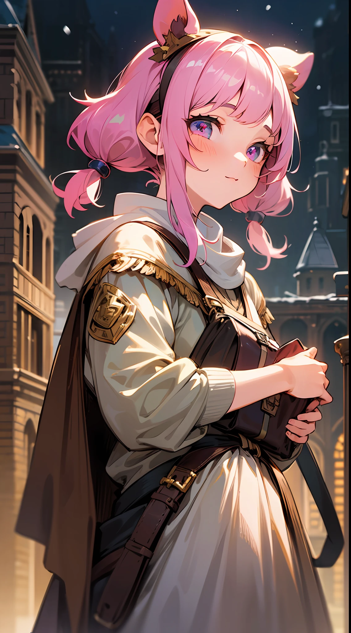 Top quality, detailed, 8K, 4K, high resolution, detailed, monk girl with pink pigtails, sagging eyes, bangs flowing to the right, upper body shown, holding a bag of food, adventurer's guild building, ((several girls)), characters of various colors, (fantasy world), winter night,