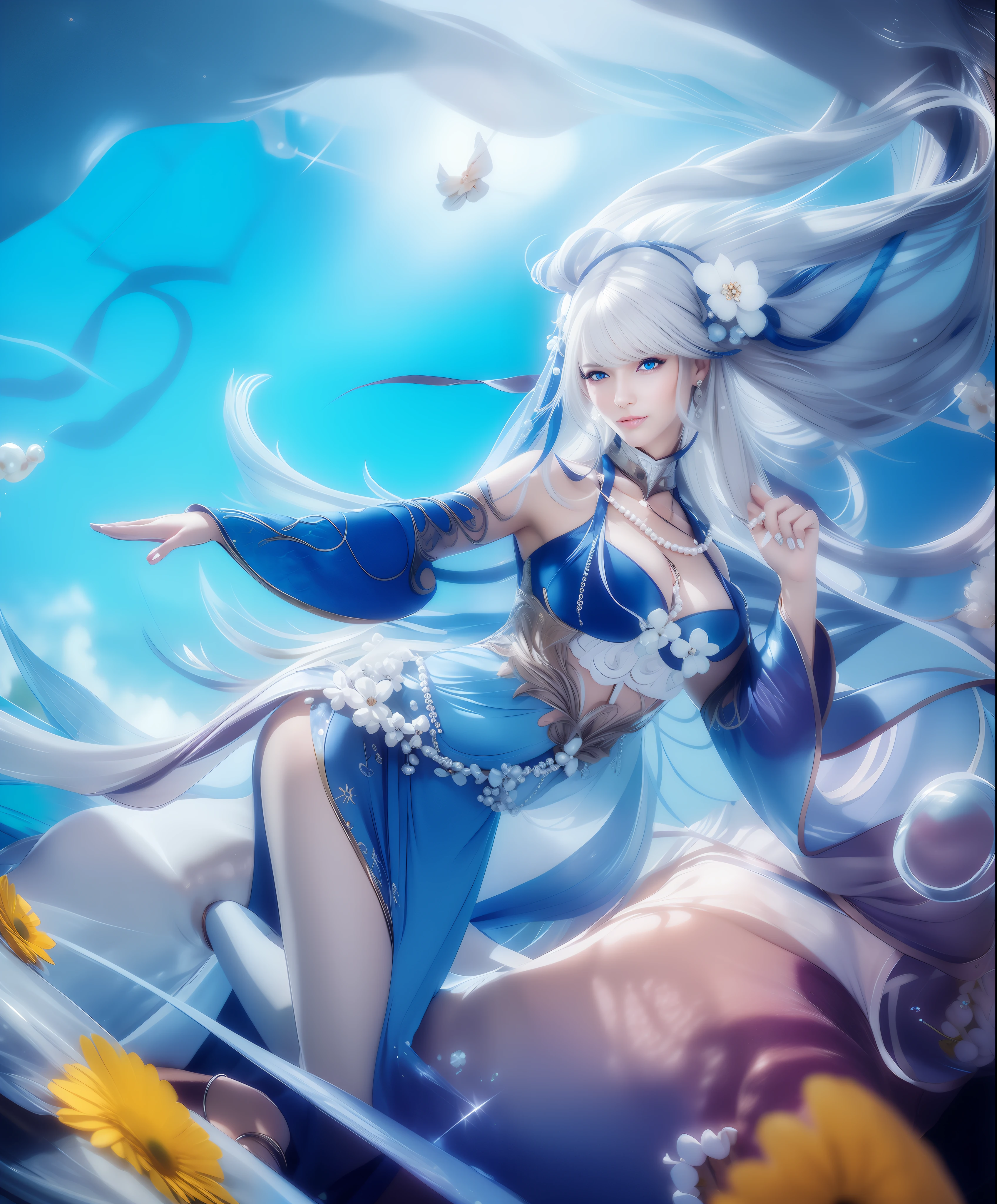 Woman, beautiful face, smile, blue eyes, Sexy blue dress, long white hair with perfect pearl necklace, ultra realistic, photorealistic, masterpiece, detail