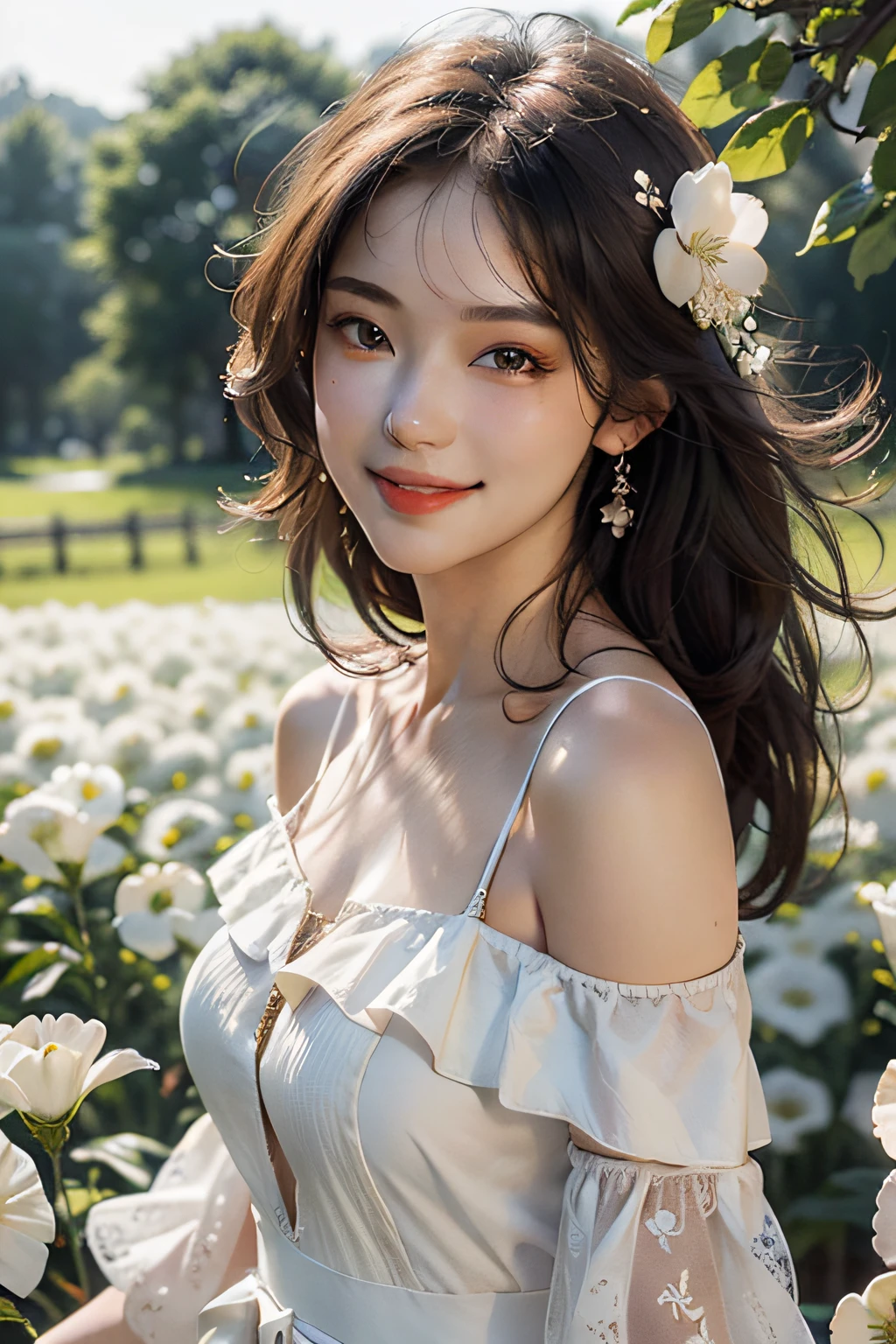 Best quality, masterpiece, ultra high res, (photorealistic:1.4), raw photo, 1girl, white dress, off shoulder, blossom flower field, glowing skin, light smile