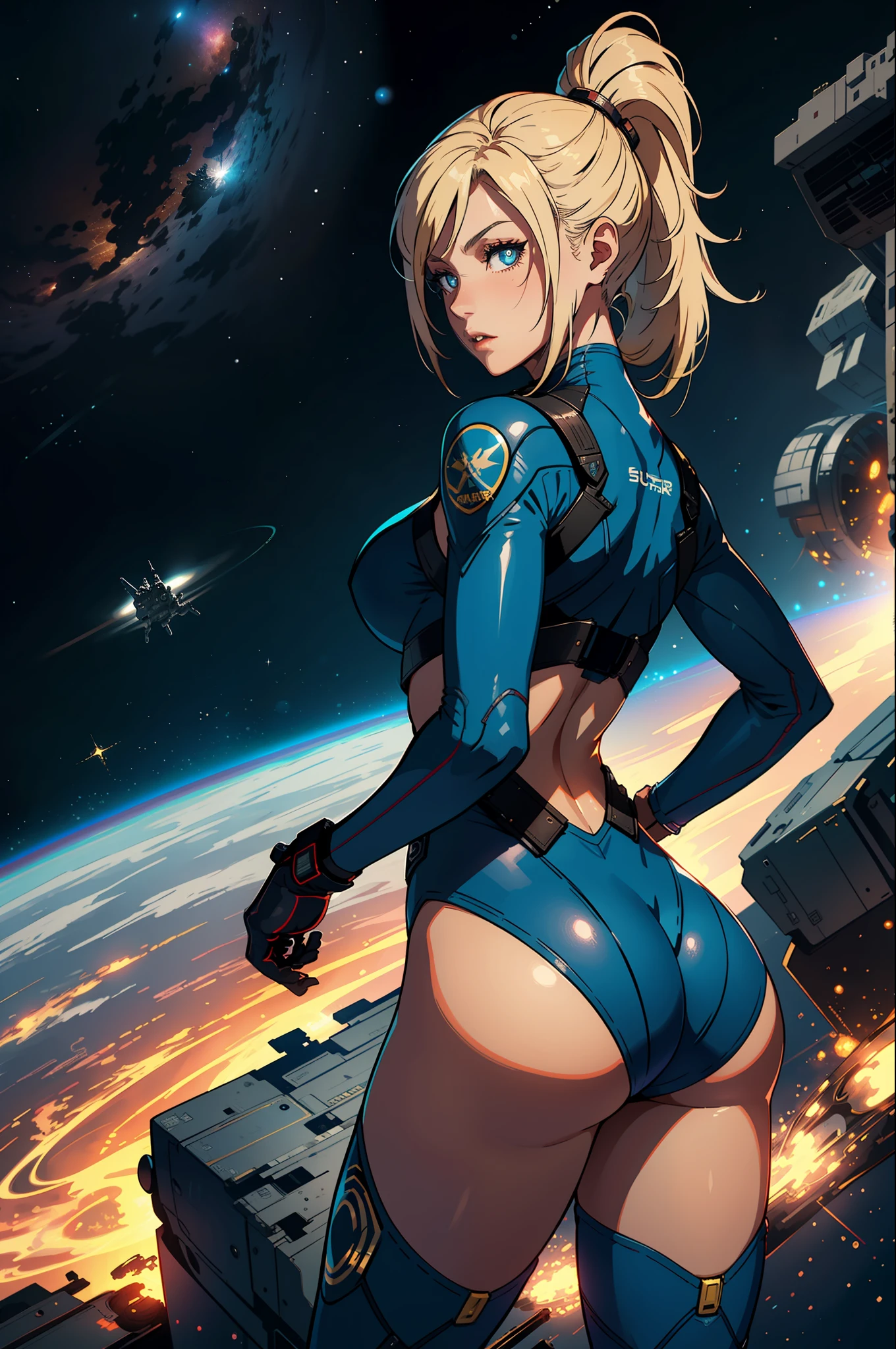 1girls,Female Star Warrior,Delicate and beautiful face,blushing face,Blue pupils,The lips open slightly,HAIR LOIRO,High ponytail,Busty boobs,Convex buttocks,Dressed in a blue bodysuit,High-tech combat boots,Armed with a firearm,Weapons of the future,chest close-up,Close-up of buttocks,perfectly proportioned,samus aran,Detailed clothing details,space station,Interstellar battlefield,High-tech scene,detailed backgorund,high quailty,master-piece,8K,