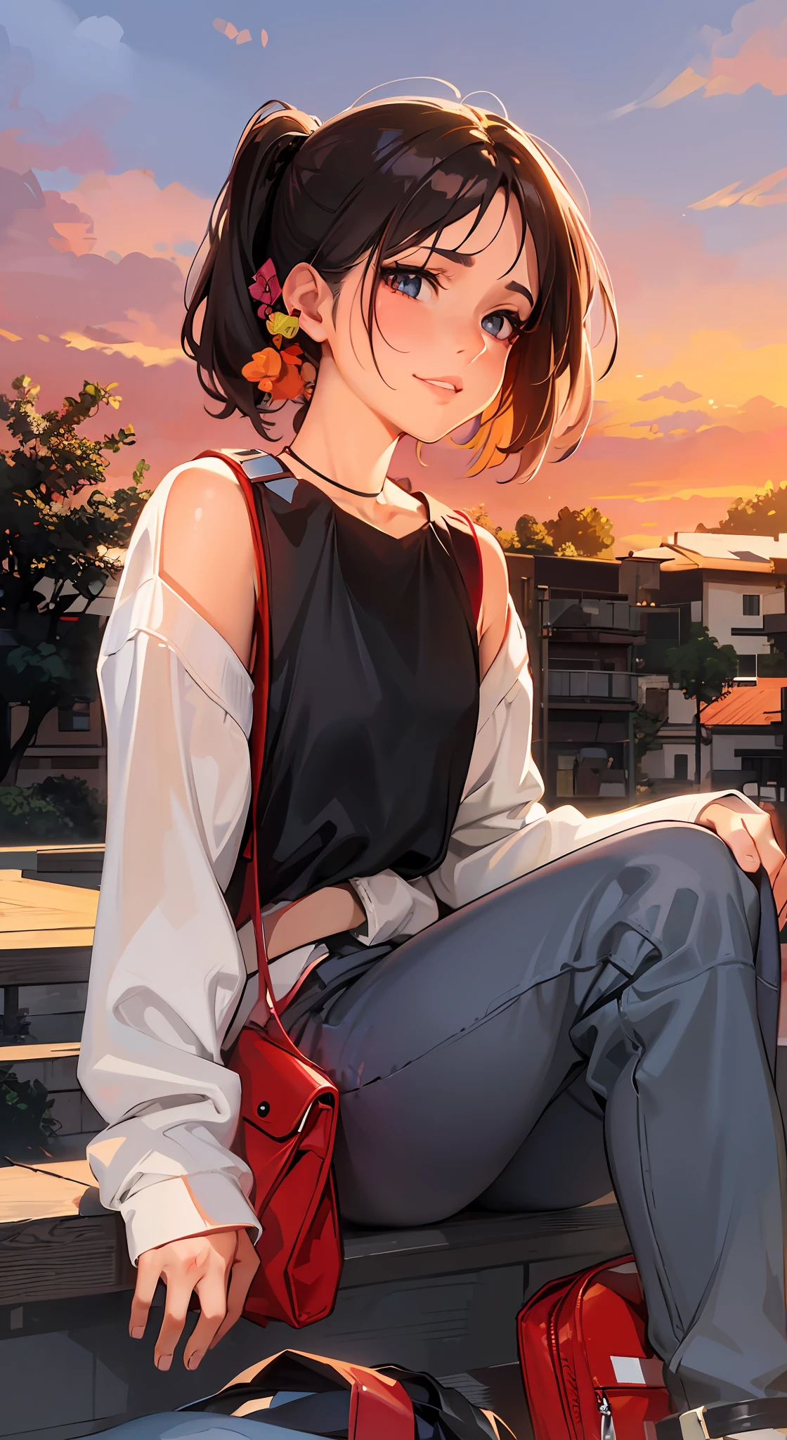 anime girl sitting on steps with red backpack and backpack, with a sunset, ((Sunset)), Anime style 4 K, with a sunset, watching the sun set. anime, made with anime painter studio, urban girl fanart, Anime style. 8K, attractive anime girls, painted in anime painter studio, Beautiful anime girl, anime styled, anime moe art style
