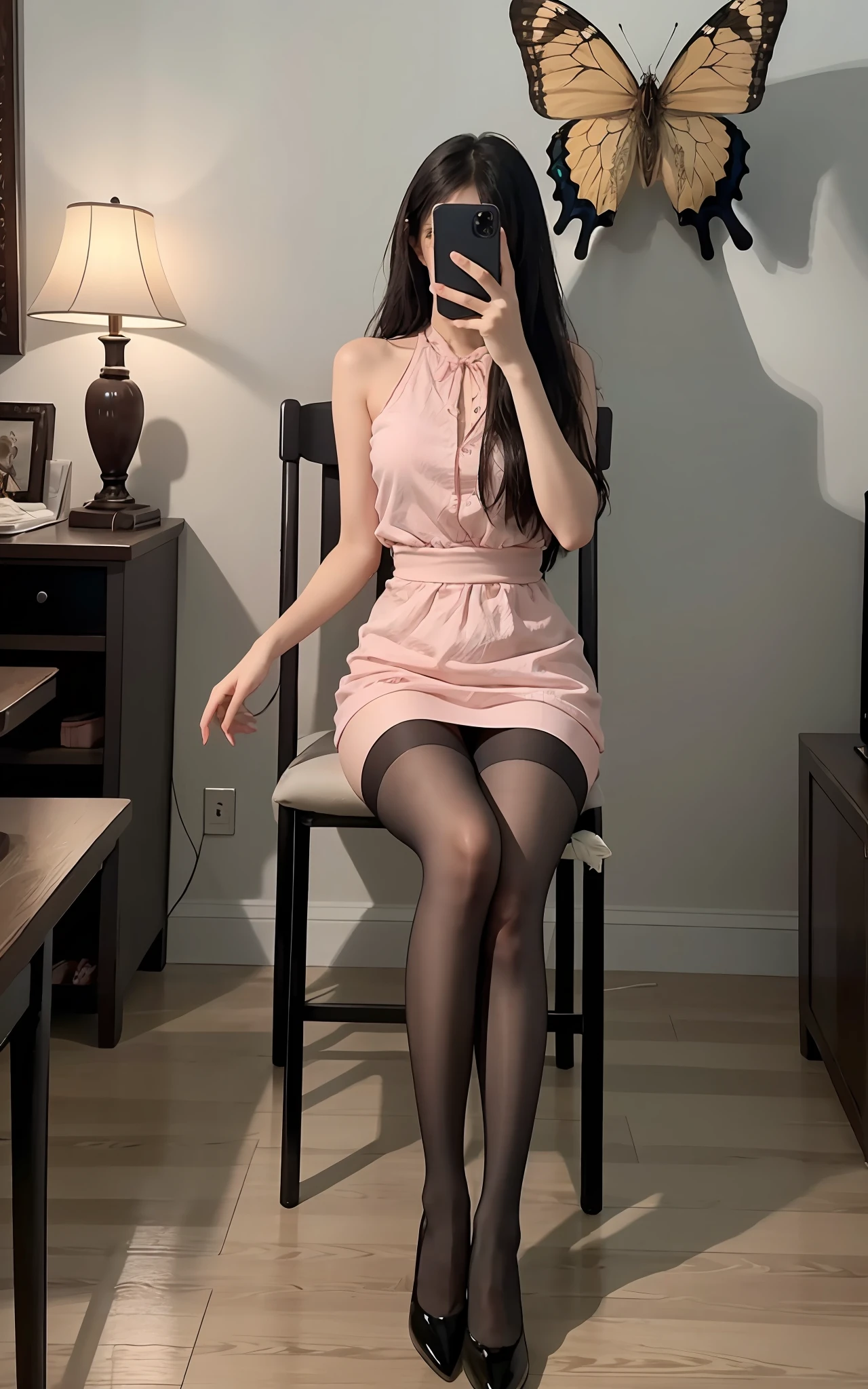 Midjourney's latest entry is a stunning, extremely detailed CG Unity 8K wallpaper with a pink theme. This work of art is a masterpiece that showcases Midjourney's amazing talent and attention to detail. The scene is illuminated by a soft pink light, which injects a gentle and romantic atmosphere into the entire composition. The resolution of the wallpaper is very high, capturing every fine brush stroke and texture in an extremely clear way. The photo captures Midjourney covering his face and taking a selfie, holding an Apple phone in his hand. The protagonist is a young woman in a standing position, sitting on a chair or sitting with a butterfly. She wears pink stockings or pantyhose, which adds a touch of tenderness to the scene. At the same time, the composition subtly highlights the curvaceous posture of the protagonist and emphasizes her small, slender hands. --ar 2:3 --v 5 --q 2