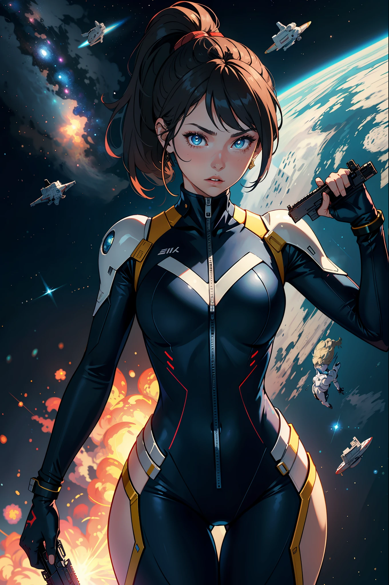 1girls，Female Star Warrior，Delicate and beautiful face，blushing face，Blue pupils，The lips open slightly，HAIR LOIRO，High ponytail，Busty boobs，Convex buttocks，Dressed in a blue bodysuit，High-tech combat boots，Armed with a firearm，Weapons of the future，chest close-up，Close-up of buttocks，perfectly proportioned，samus aran，Detailed clothing details，space station，Interstellar battlefield，High-tech scene，detailed backgorund，high quailty，master-piece，8K，