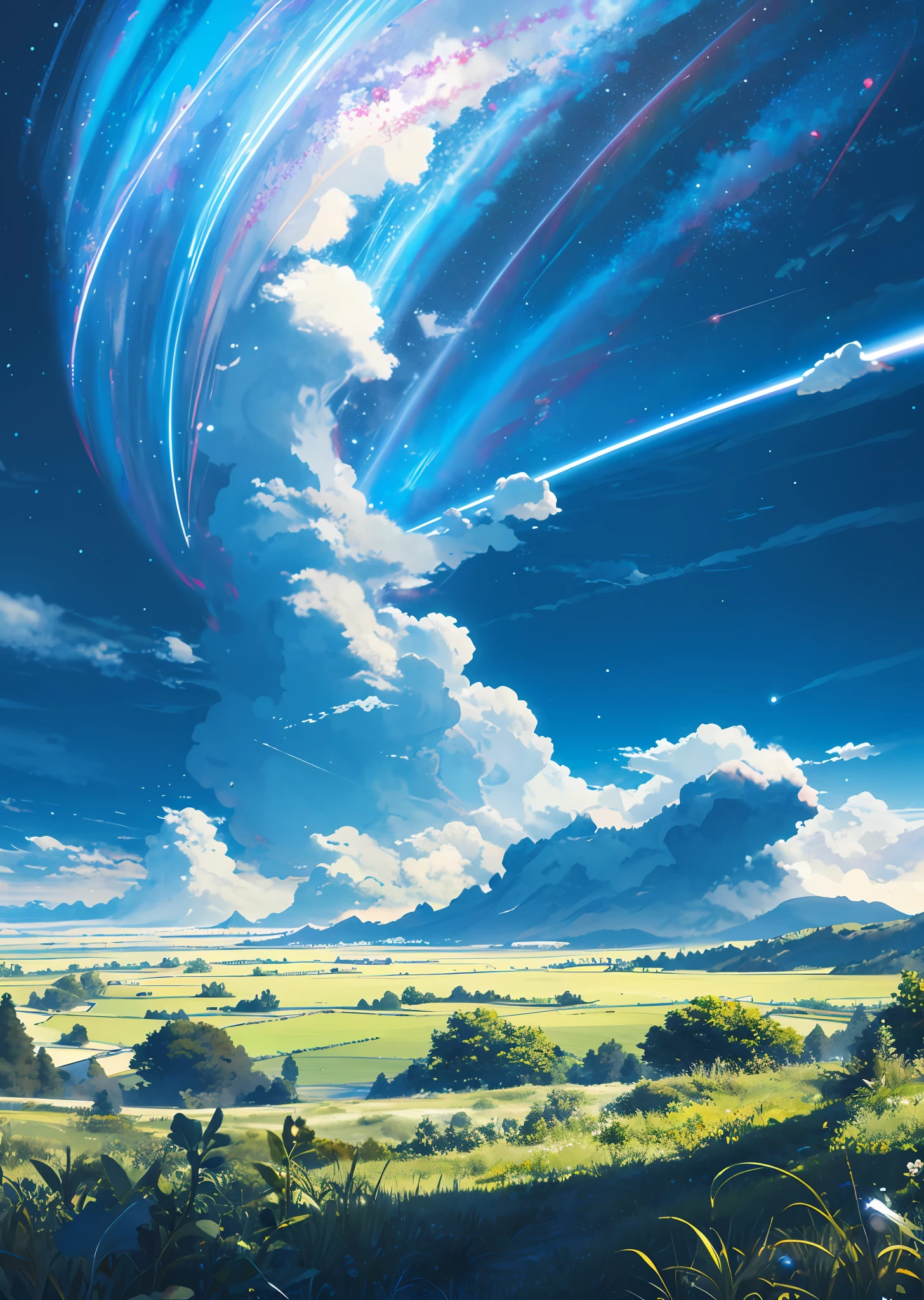Vast sky, beautiful skyline, wide grasslands, very tense and dramatic pictures, moving visual effects, hanging high Polaris and colorful natural lights.