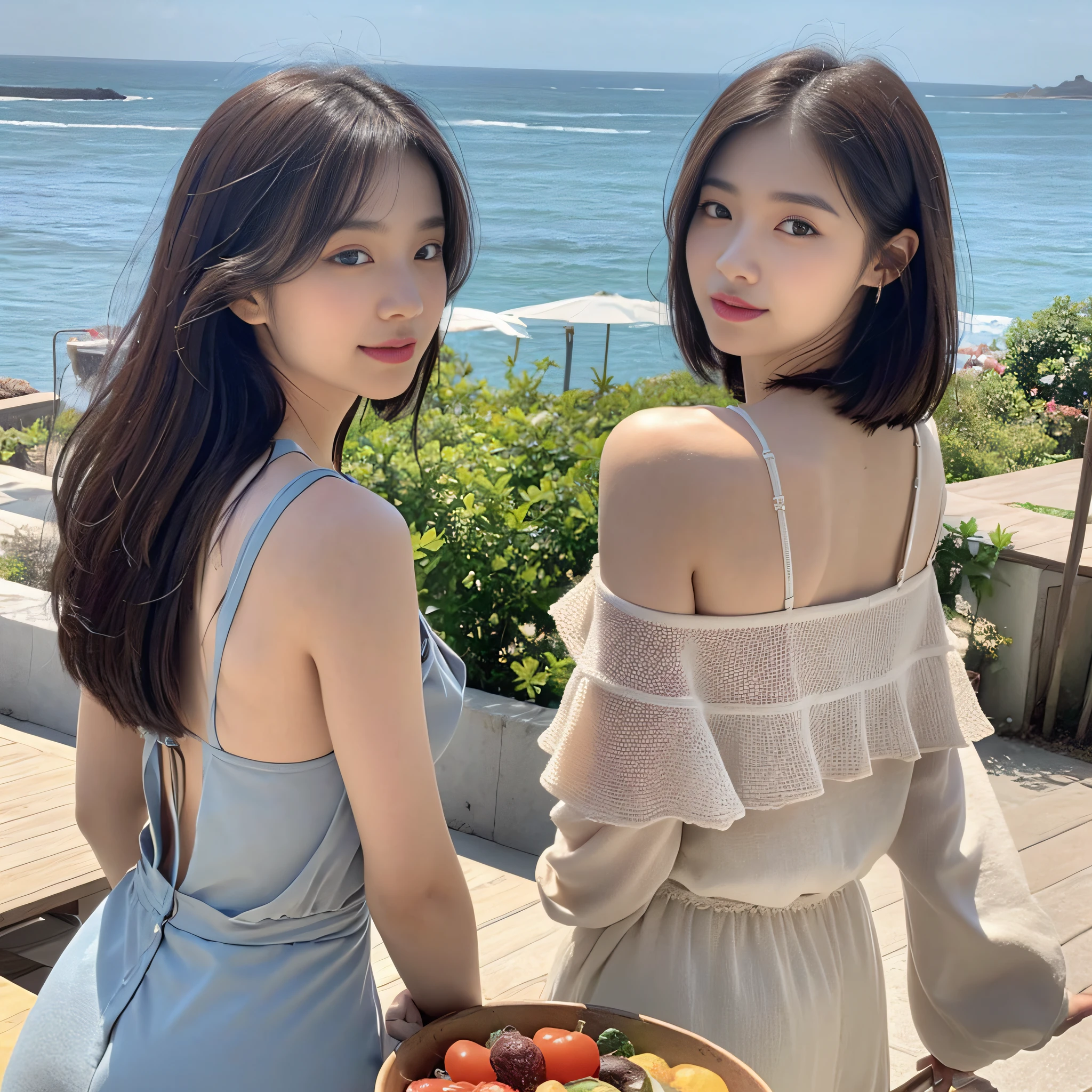 Subject is one woman, (Top Quality, 8K, Masterpiece: 1.3)), Focus: 1.2, Perfect Body Beauty: 1.4, Upper Body: 1.2, ((Layered Haircut, Chest: 1.2)), (Fashionable Clothes, 1.1), (Cafe, Sea View, : 1.3), Bando Dress: 1.1, Highly detailed face and skin texture, delicate eyes, double eyelids, whitened skin, long hair, back figure, vegetables, vegetables on the table, beautiful sea in the background, depiction of woman from behind