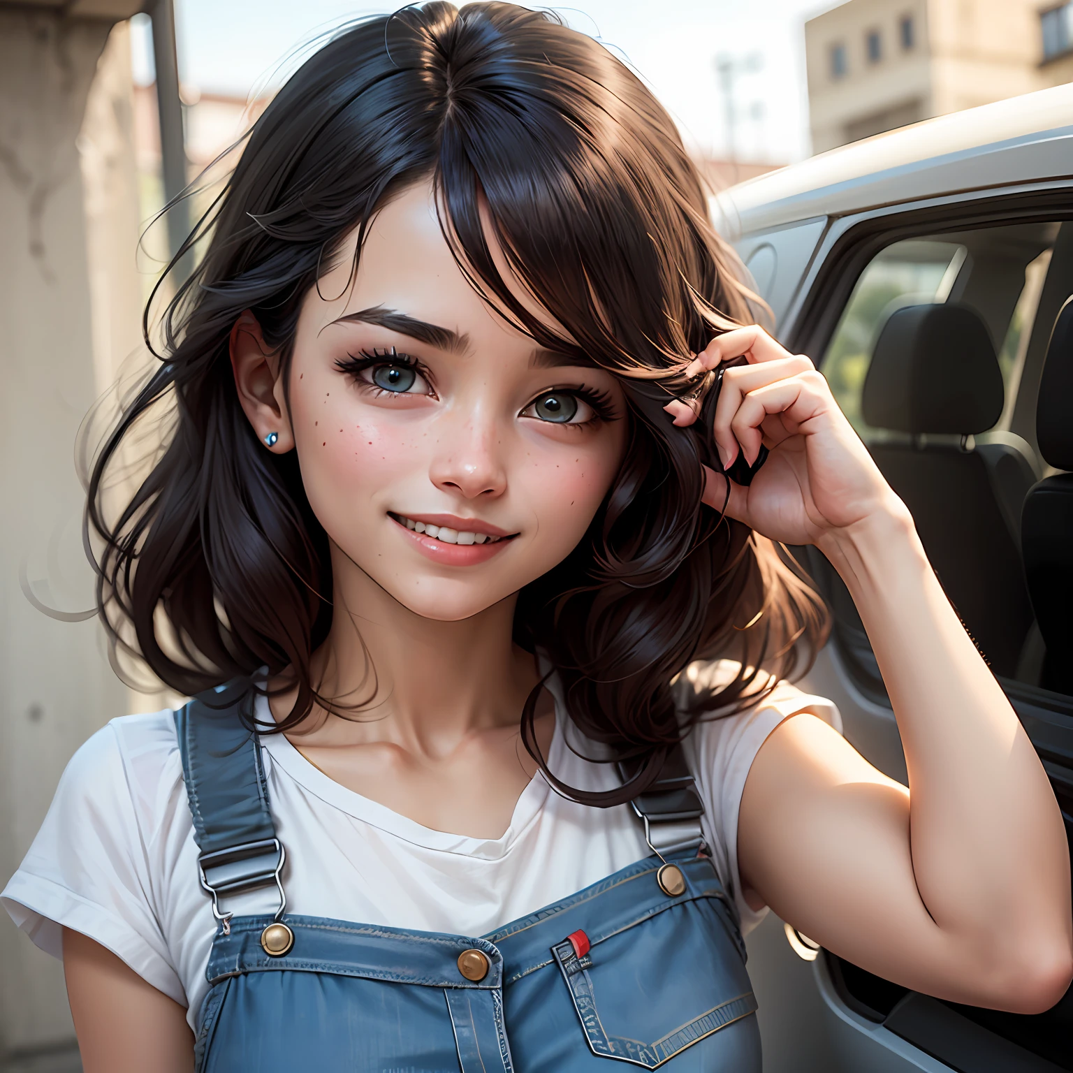 menina com oito anos, morena, olhos redondos, sorriso bonito e cabelos cacheados --auto