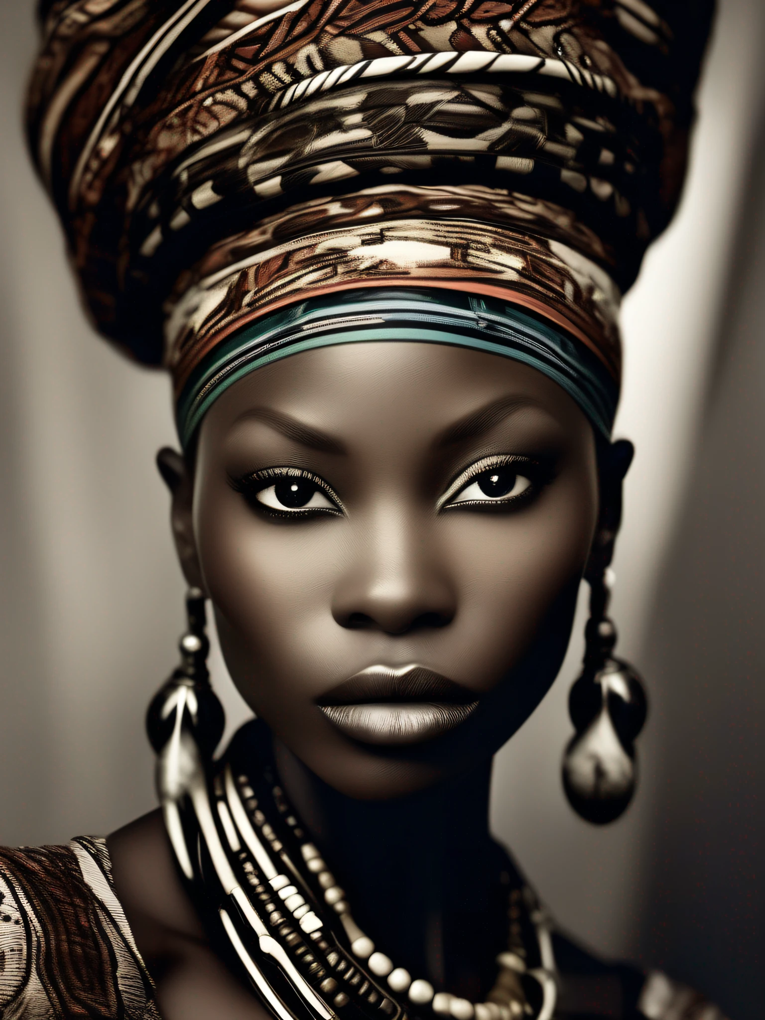 "(((A woman with an unparalleled beauty of African nationality)))"
- Image Type: Photography
- Subject Description: A woman of incomparable beauty, with traits that reflect the rich diversity of African heritage.
- Art Styles: Realism
- Artistic Inspirations: Vogue Magazine Photo Portraits, Fashion Photography by Mario Testino
- Camera: DSLR camera
- Framing: Foreground (Close-up)
- Render-Related Information: High resolution (8K), detailed lighting highlighting the model's features, soft and flattering natural light, enhancing the unique beauty of the African model.