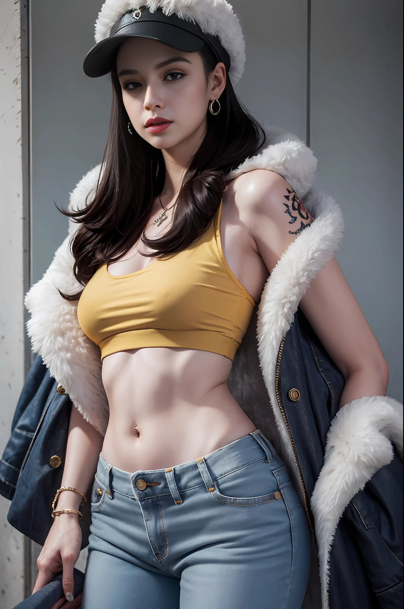 masterpiece, best quality, 8k,highestres, absurdres, extremely detailed, female trafalgar law, 1girl, 1sword, solo, looking at viewer, long hair, medium built, hat, navel, earrings, midriff, pants, coat, fur trim, denim, jeans, shoulder tattoo, hand tattoo, finger tattoo, black fur-trimmed coat, coat on shoulders, yellow tank top,///,