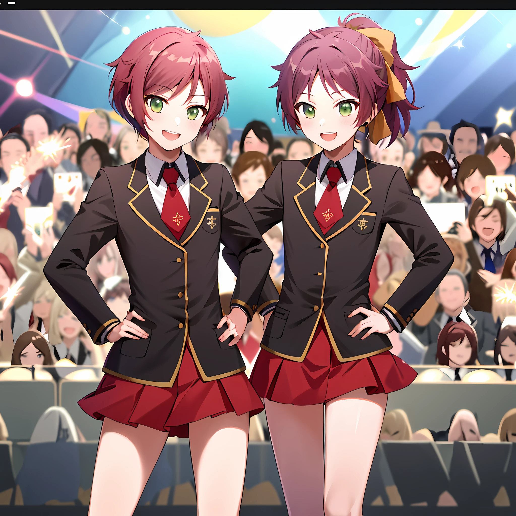 masterpiece, best quality, highres, sm1, school uniform, necktie, red hair, short hair, hair ribbon, skirt, jacket,long sleeves,  smile, hand on hip, crowd of girls, 100+girls, sisters