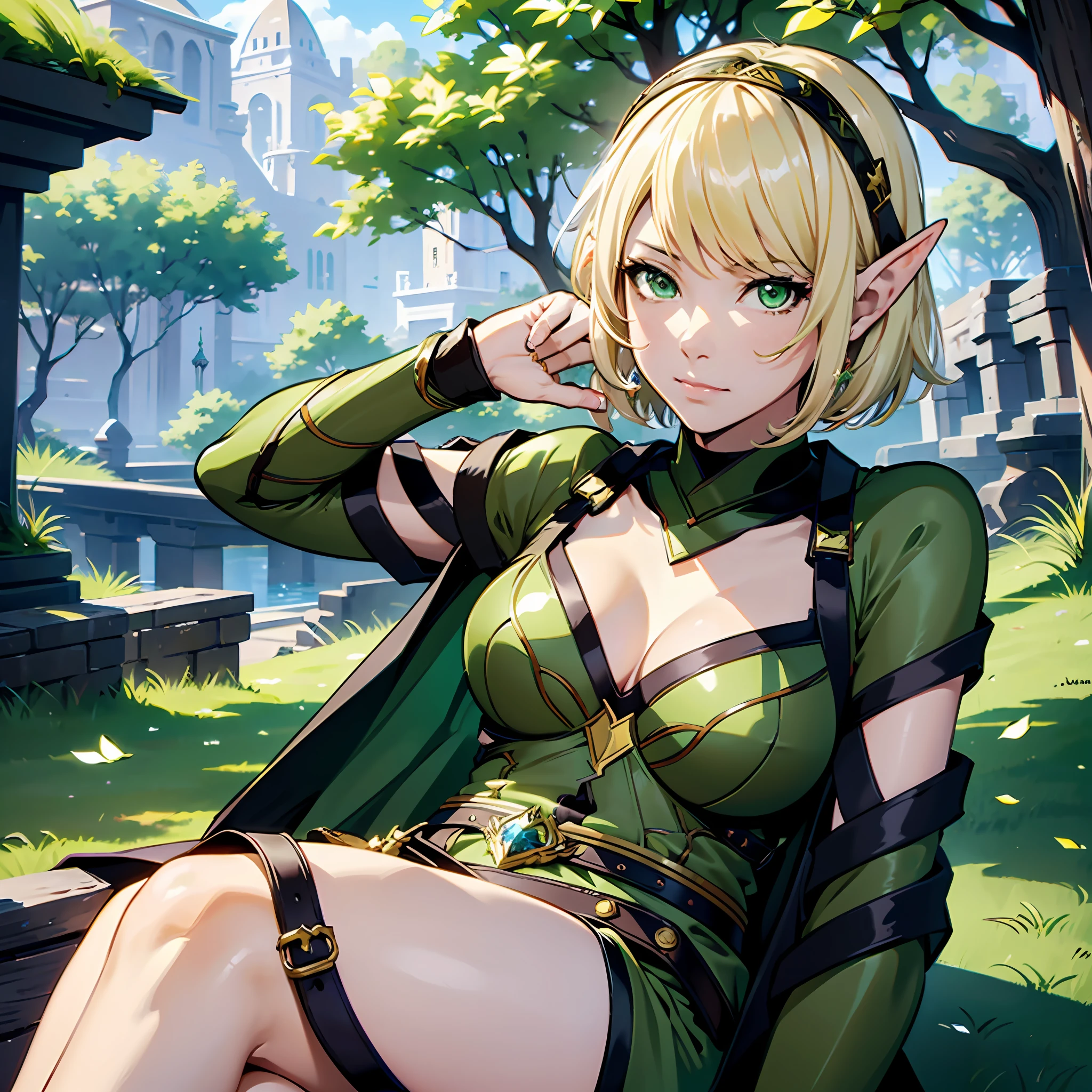 masterpiece, best quality, 1woman, adult, female focus, solo, short blonde hair, vibrant green eyes, looking at viewer, closed mouth, bangs, Fantasy aesthetics, Highly detailed, shadowverse style, elf ear, archer