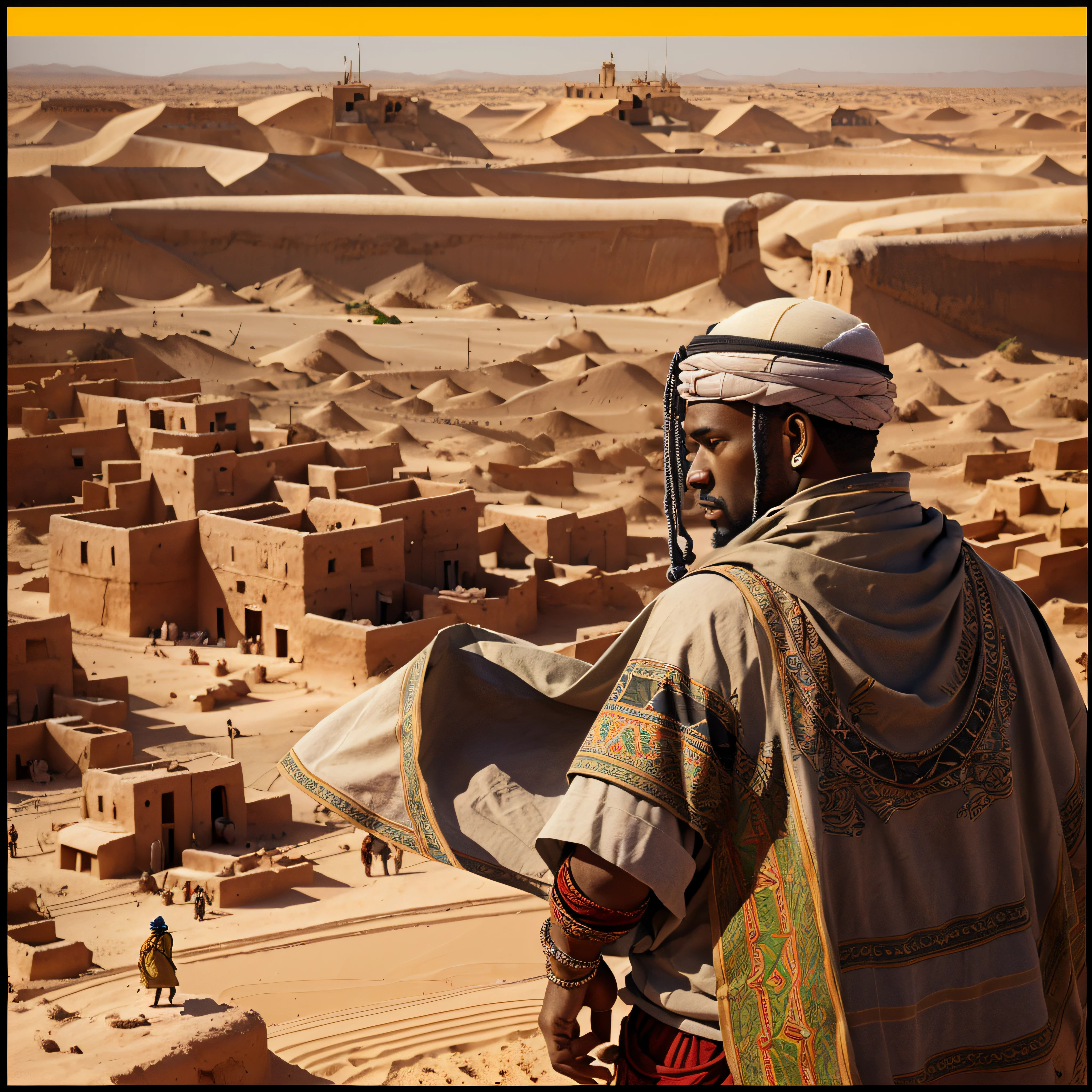 black man wearing clothes of Bedouin peoples in battle position in the desert with buildings of the city of Marrakech as a backdrop, using the isometric anime art style --auto --s2