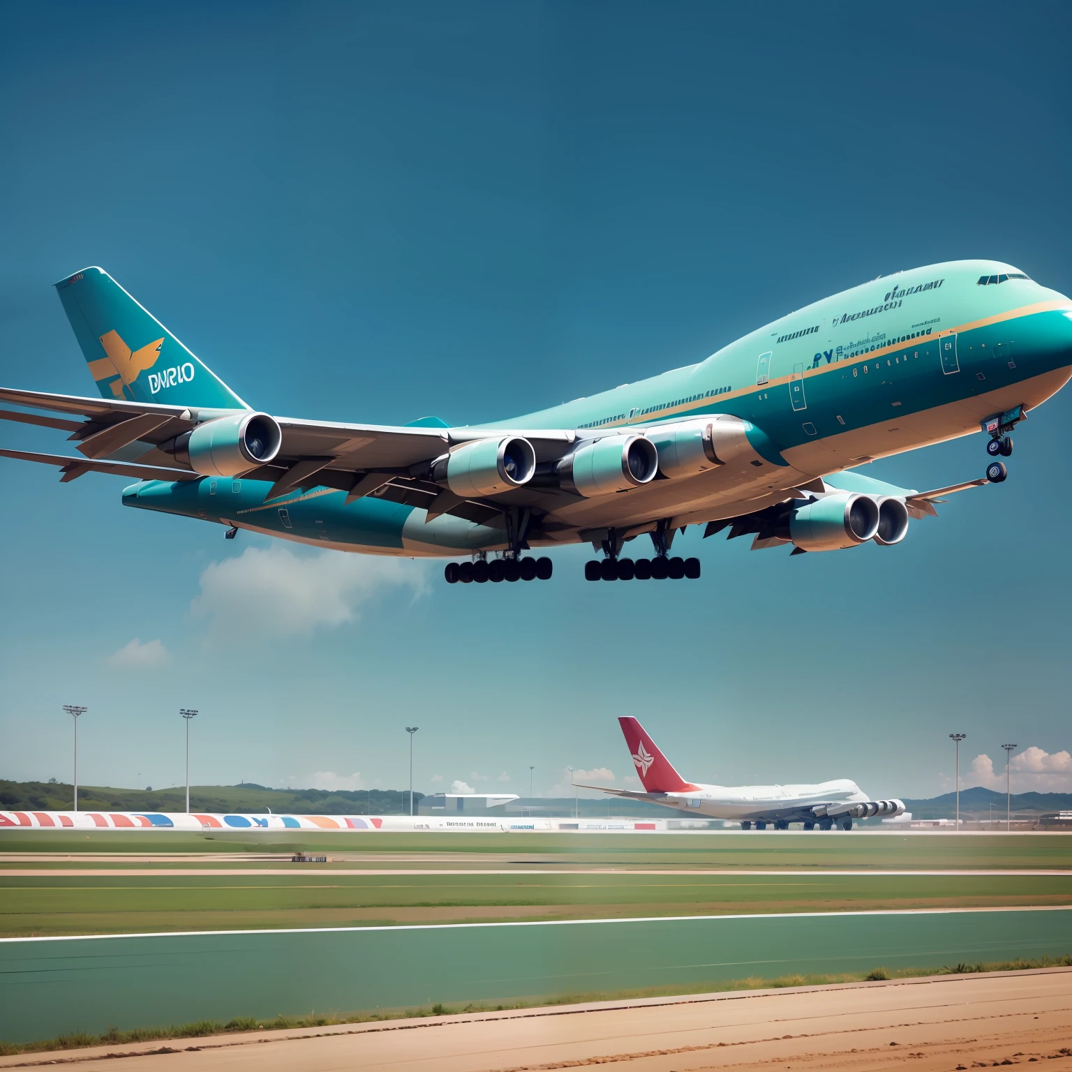 a 747 cargo plane, na cor branca, esta parado na pista, durante o dia, with blue sky, 8k, alta qualidade, imagem super detalhada