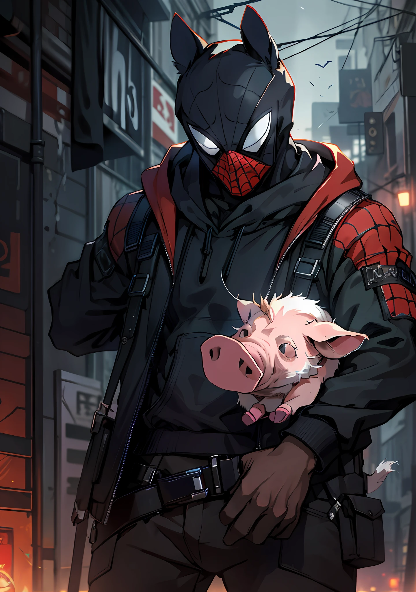 Pig man taking pictures on a dark night the flash of his camera illuminates mysterious scenarios, pig spider, Spiderverso, Peter Porker, rasgos latinos, 8 1 5ultra detalle, high res, ultra detallado, mejor calidad, incredible, calidad superior, fondo de pantalla CG unity 8k extremadamente detallado, ccinematic lighting, Fanboy de gatos, cyberpunk, chico oscuro