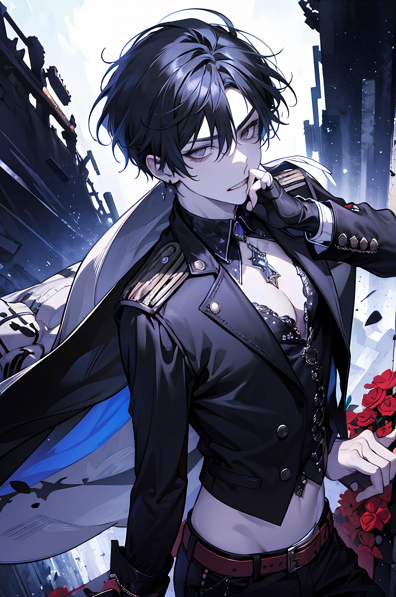 1The boy,Young men,vampire,fang,Exaggerated dressing,Intricate ornaments,Rock style,Gothic style,rivet,Metal belt buckle,One-sided earrings,two tone hair,gauntlets cleavage cleavage,Metal jewelry,Blood,Maniacal laughter,Sick,male,Underground idols