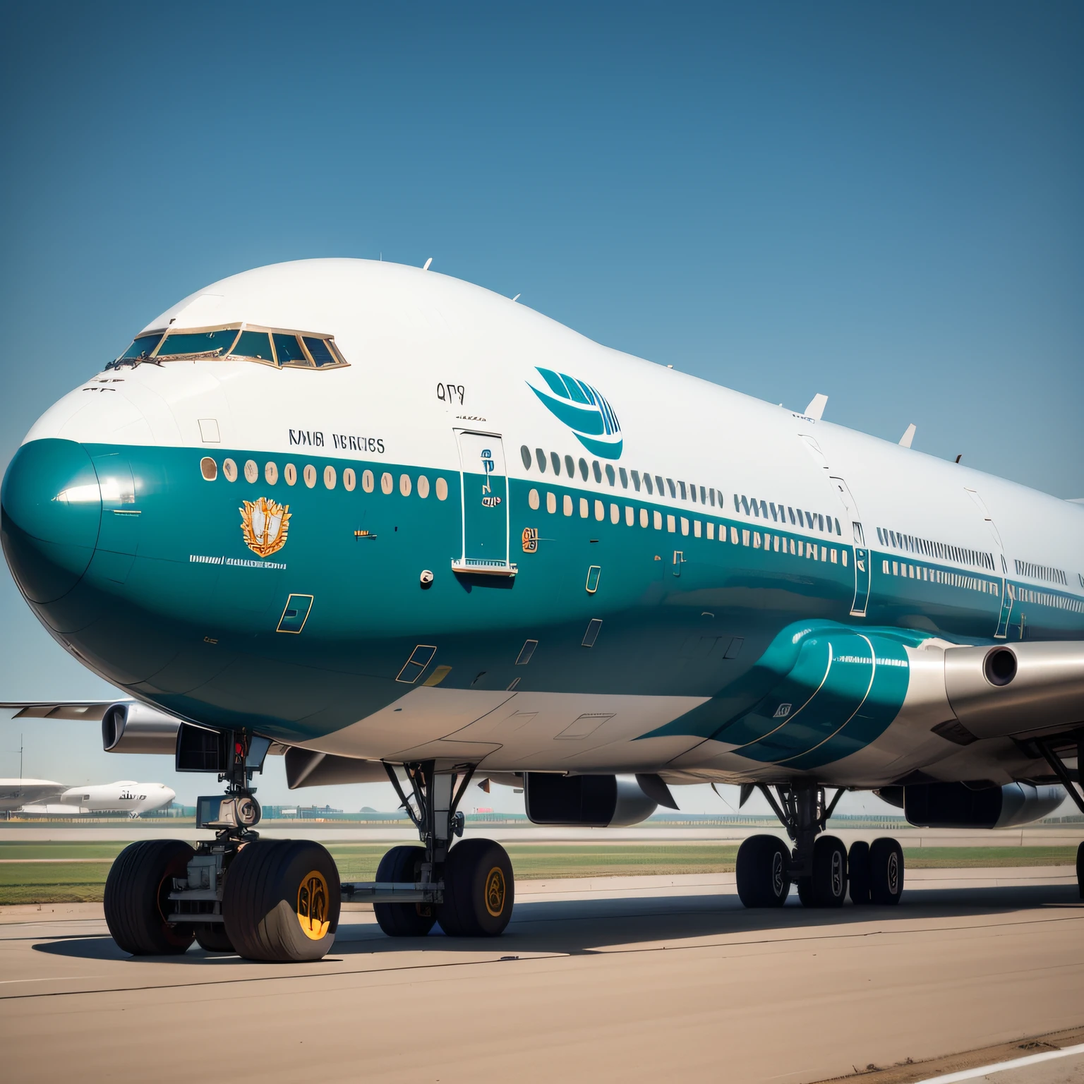 a 747 cargo plane, na cor branca, esta parado na pista, durante o dia, with blue sky, 8k, alta qualidade, imagem super detalhada