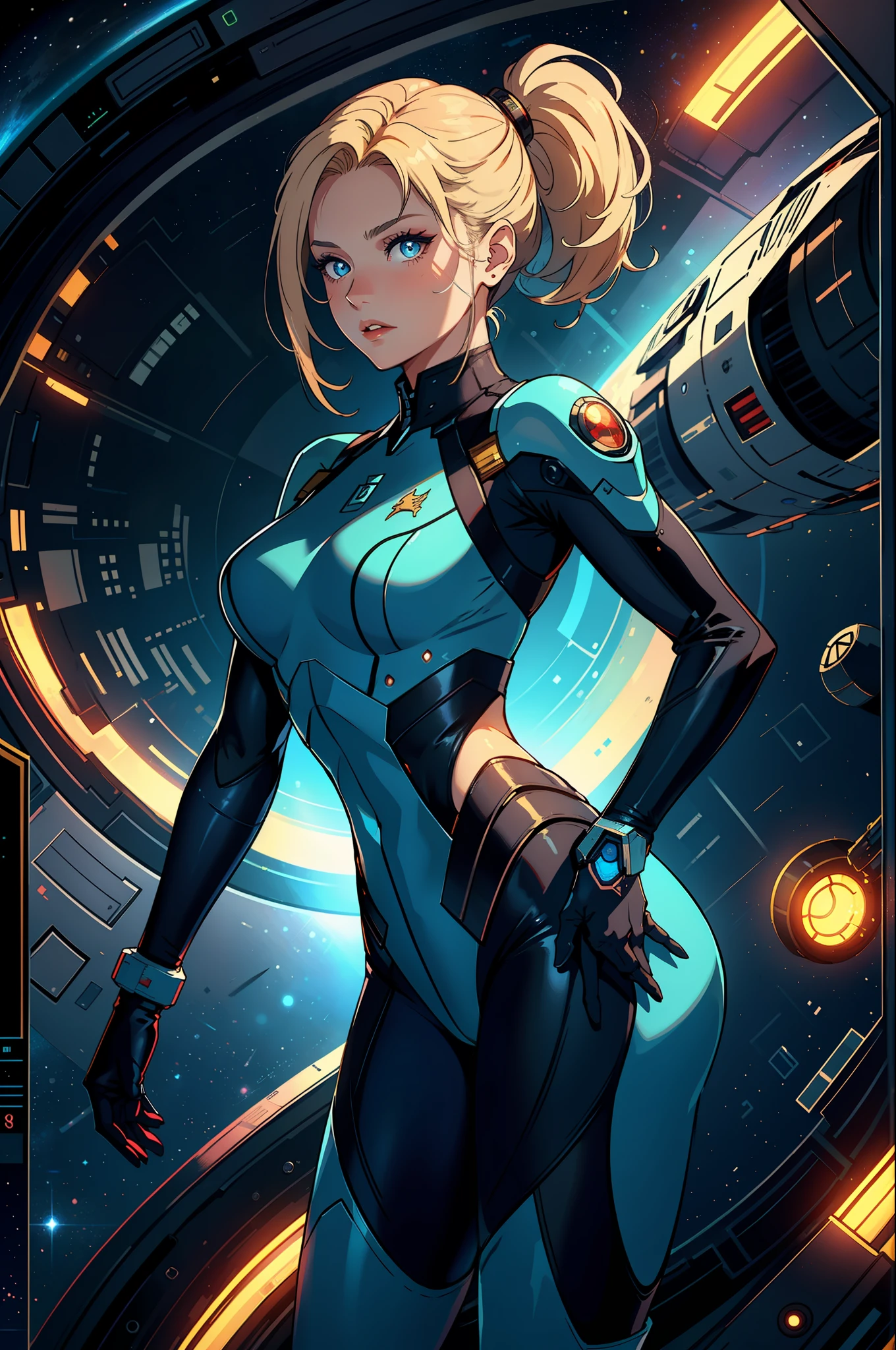 1girls，Female Star Warrior，Delicate and beautiful face，blushing face，Blue pupils，The lips open slightly，HAIR LOIRO，High ponytail，Busty boobs，Convex buttocks，Dressed in a blue bodysuit，High-tech combat boots，Armed with a firearm，Weapons of the future，perfectly proportioned，samus aran，Detailed clothing details，space station，Interstellar battlefield，High-tech scene，detailed backgorund，high quailty，master-piece，8K，