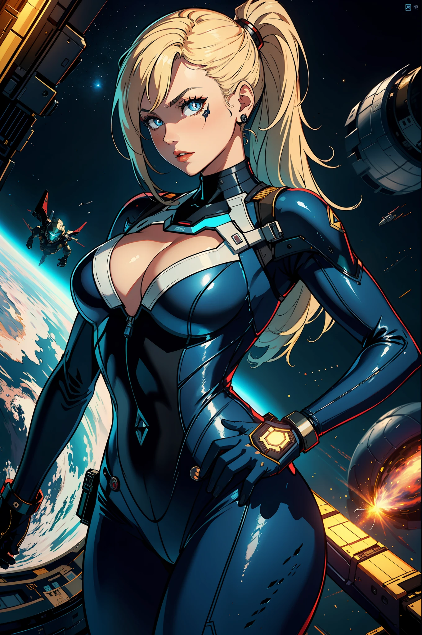 1girls，Female Star Warrior，Delicate and beautiful face，blushing face，Blue pupils，The lips open slightly，HAIR LOIRO，High ponytail，Busty boobs，Convex buttocks，Dressed in a blue bodysuit，High-tech combat boots，Armed with a firearm，Weapons of the future，perfectly proportioned，samus aran，Detailed clothing details，space station，Interstellar battlefield，High-tech scene，detailed backgorund，high quailty，master-piece，8K，