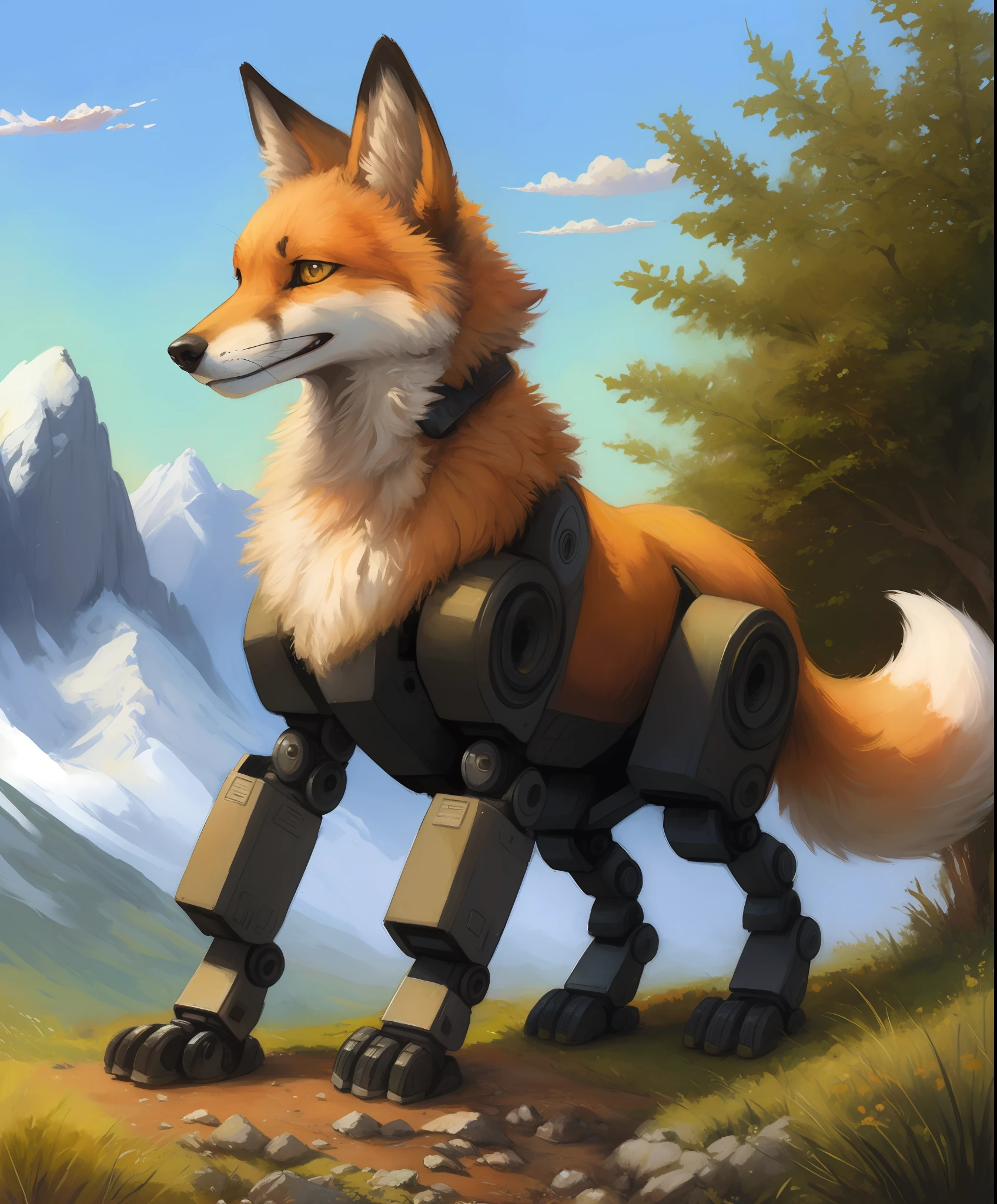 By mystery dog, kenket, rukis, Fox robot , anthropomorphic, in the style of Kevin final spase wiki.