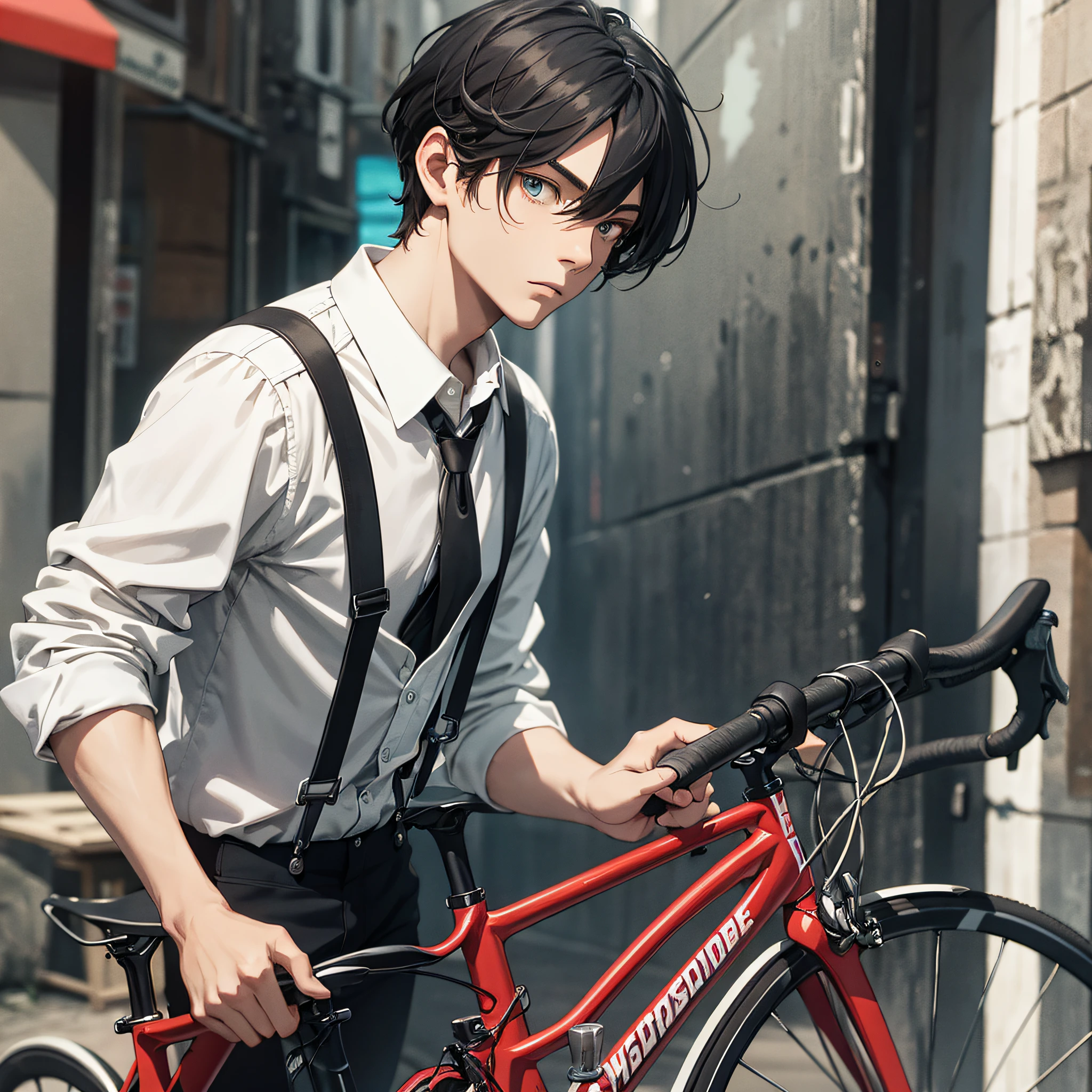 Ridiculous resolution，high resolutions，（master-piece：1.4），ultra-details，Lots of bicycles，The young man had messy black hair，White suspenders，A serious and puzzled expression，Stand