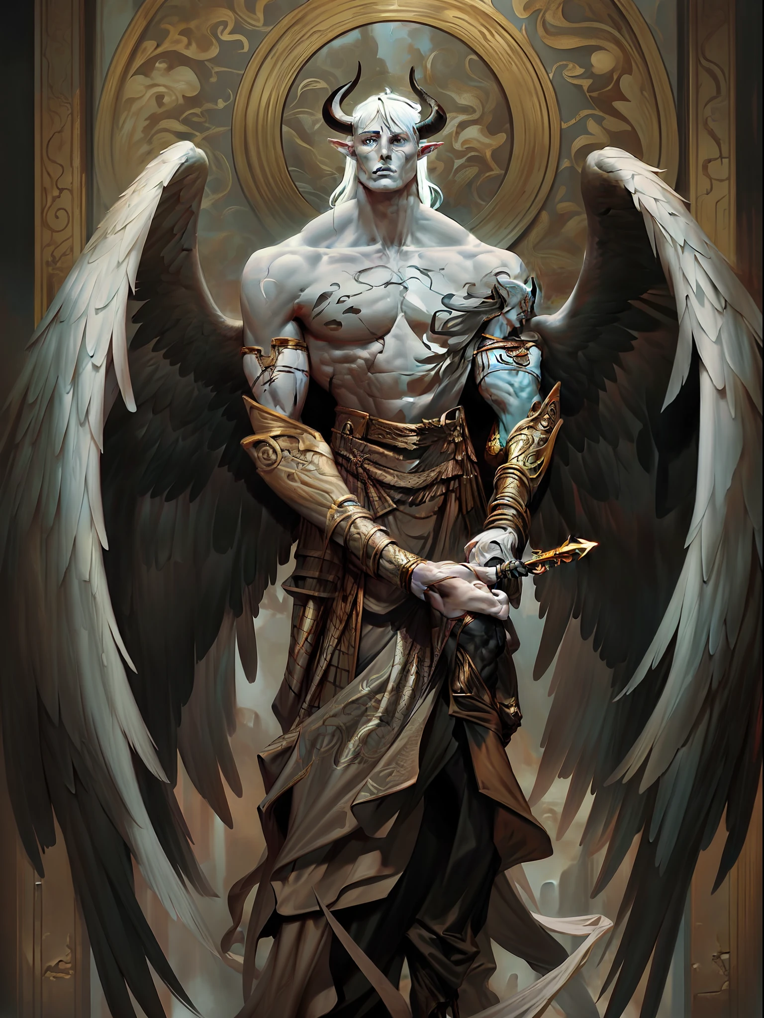 arafed male with a sword and wings standing in front of a wall, Deus masculino bonito da morte, Symmetrical Epic Fantasy Art, djinn man male demon, fit male demon with white horns, Tyler Edlin Arte de fantasia, arcanjo, muscled humanoid balrog demon, man male demon, lucifer, demon male, O Anjo da Morte