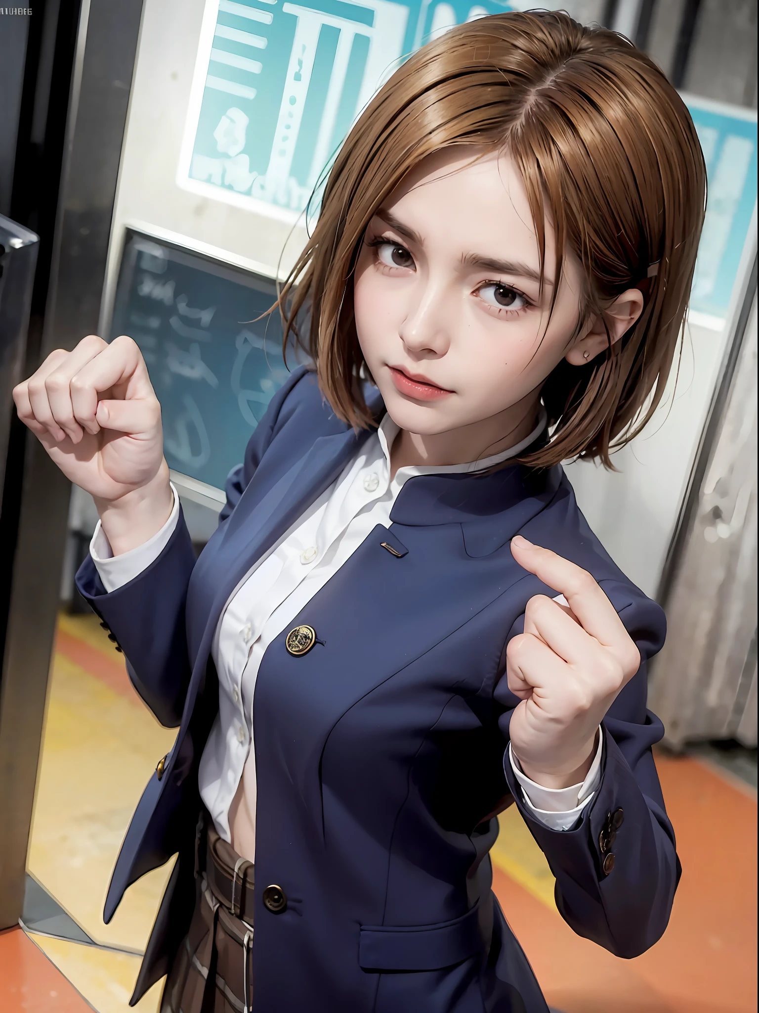 nobara_wwe、Brown hair、short hair、Brown eyes、Black Blazer、Student uniform、jab、Show your fists、